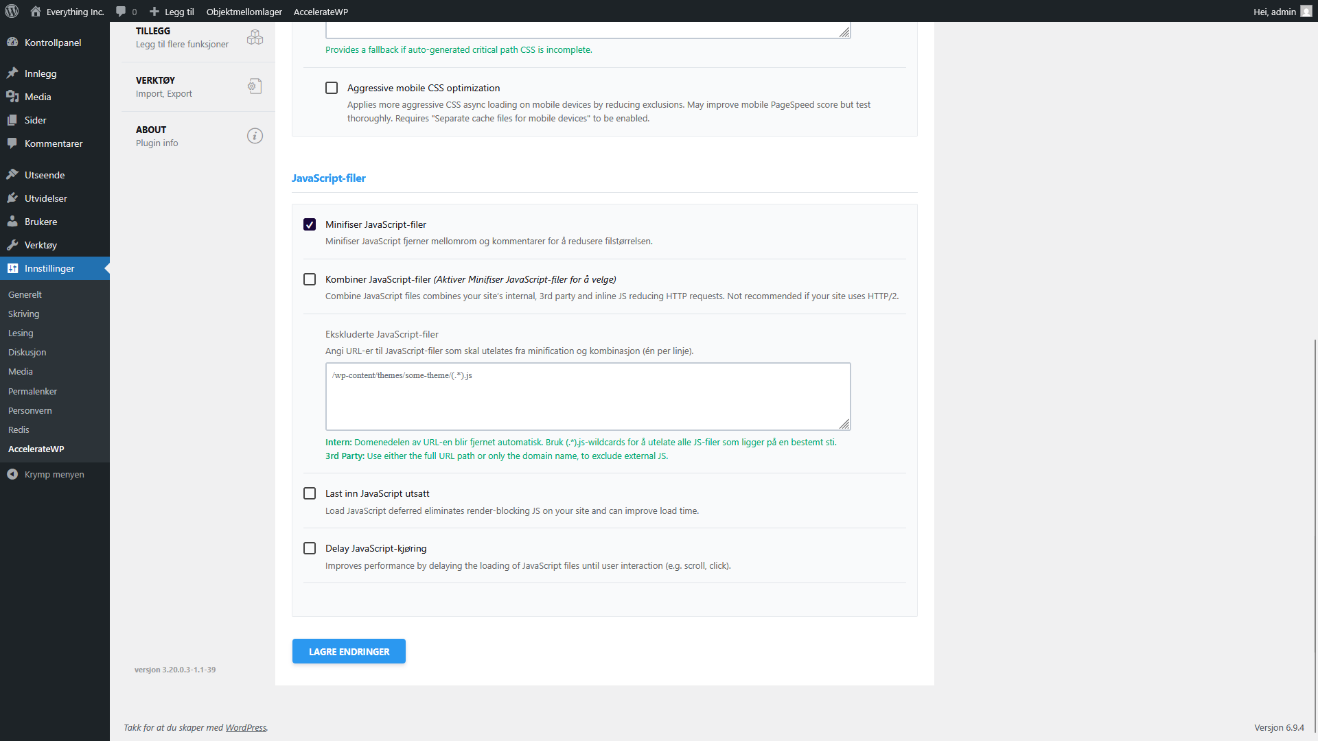 AccelerateWP-siden for filoptimalisering som viser innstillingene for JavaScript-filer med "Minifiser JavaScript-filer" aktivert