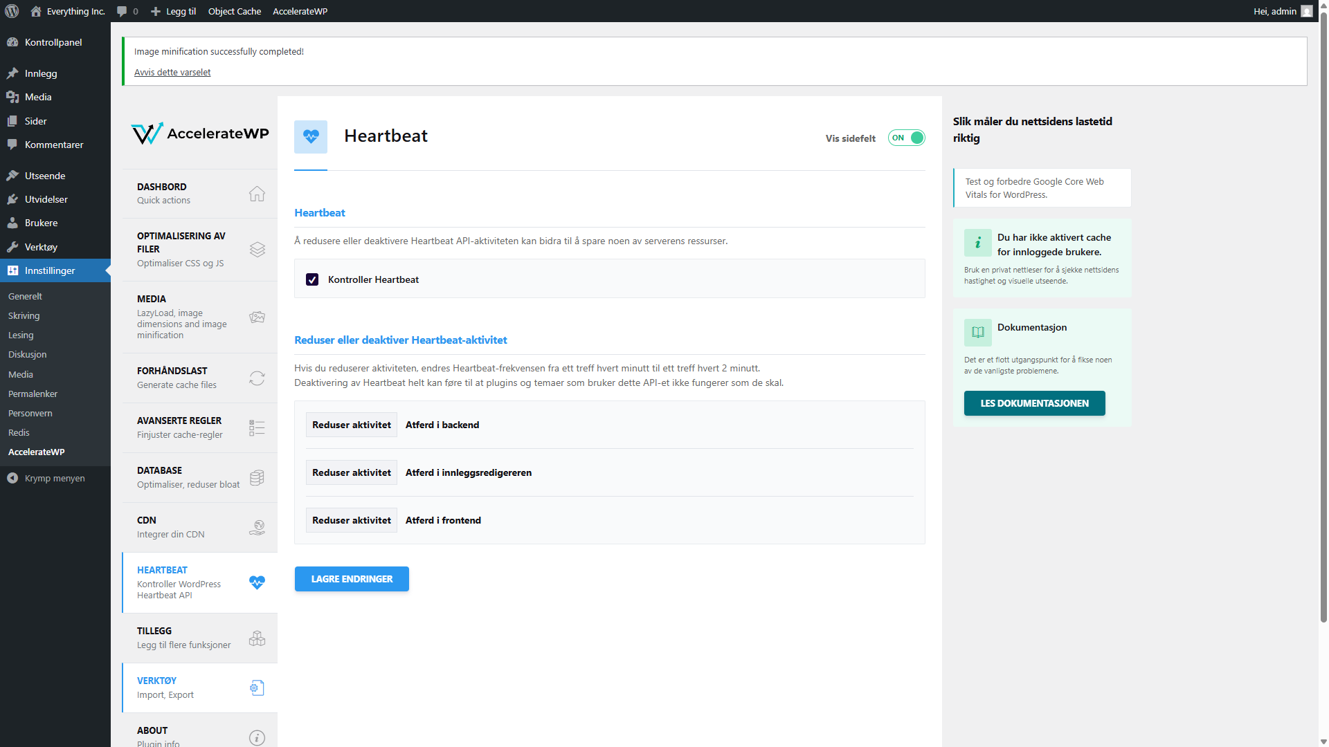 AccelerateWP Heartbeat settings showing Control Heartbeat enabled and reduce activity options