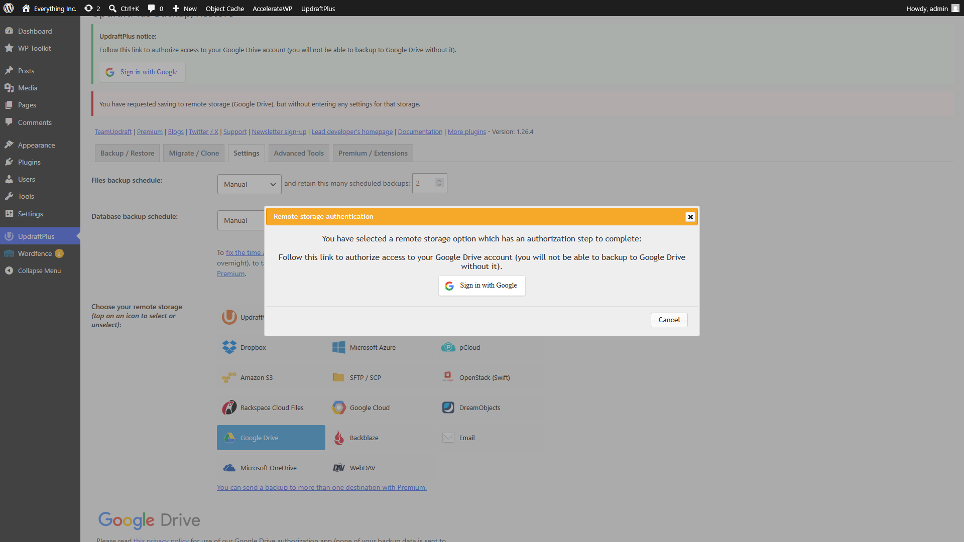 UpdraftPlus configuration box for Google Drive