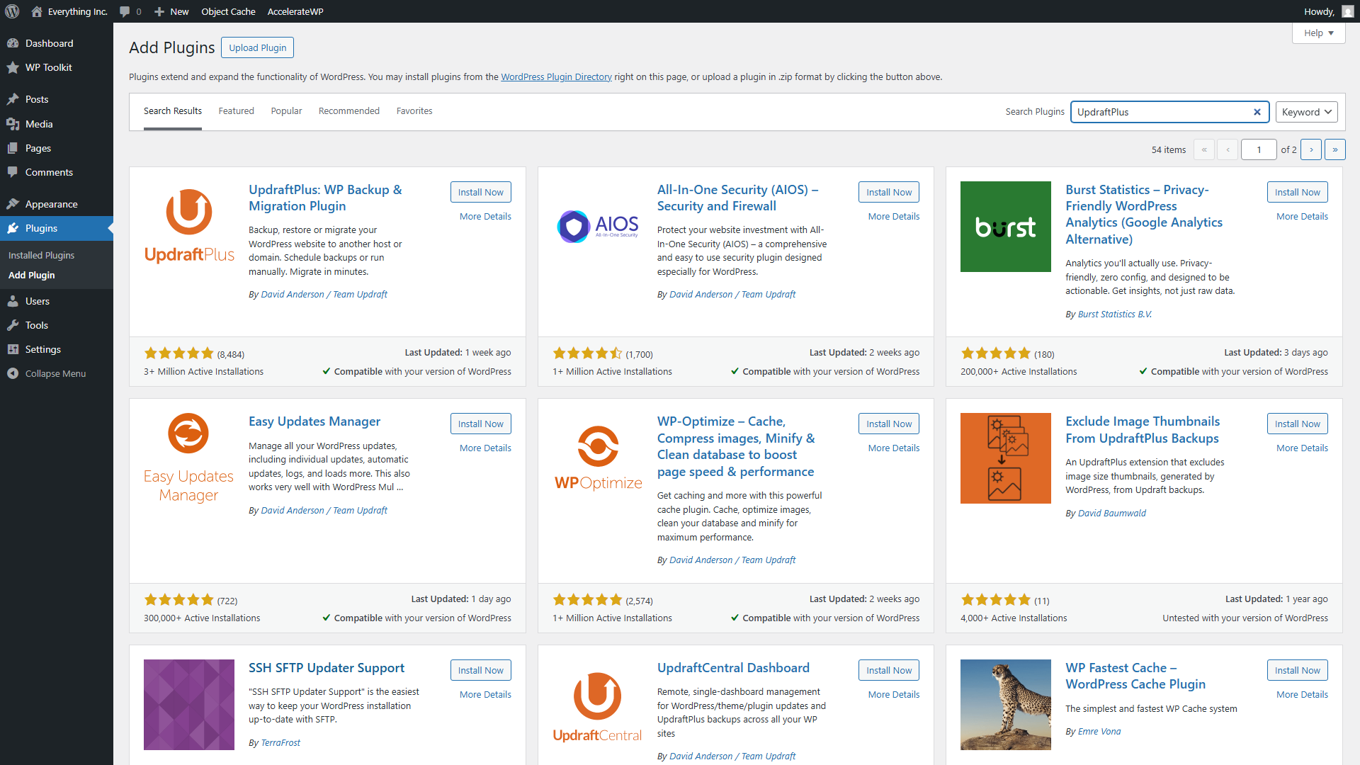 WordPress Add Plugins screen showing UpdraftPlus in the search results