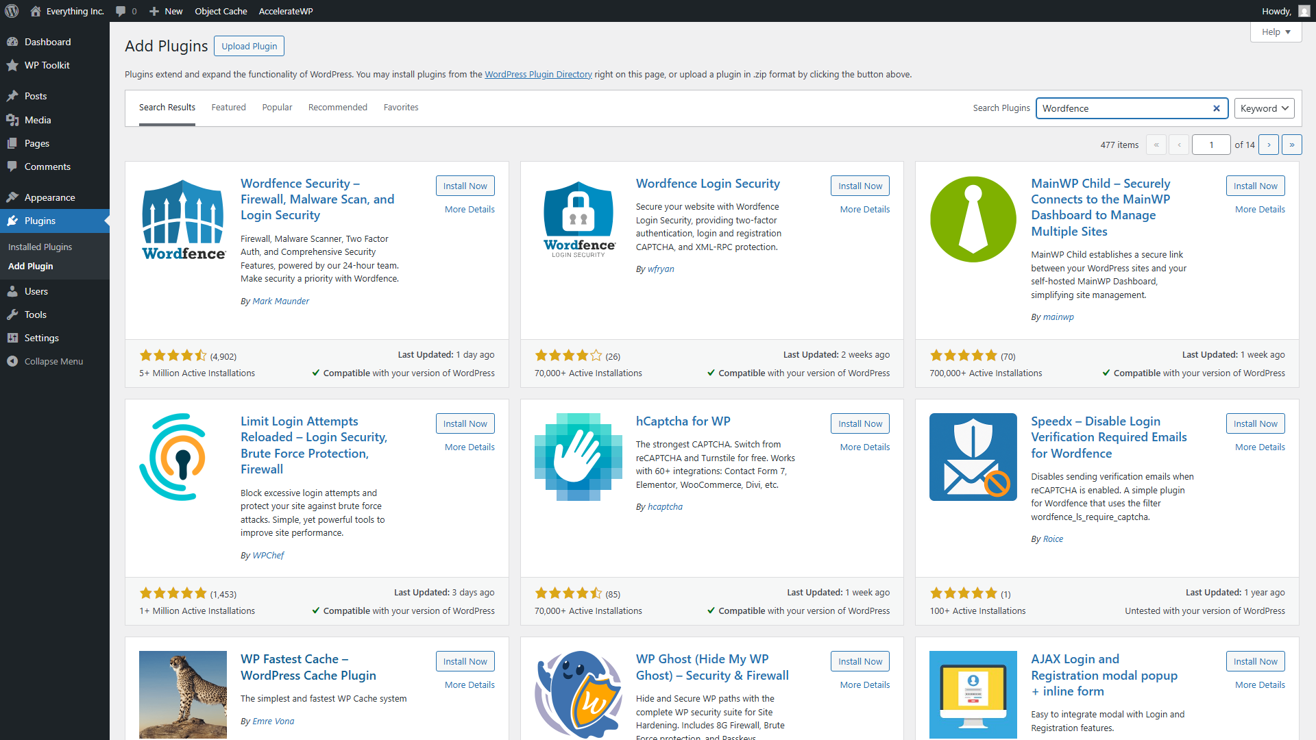 WordPress Add Plugins screen showing Wordfence Security in the search results