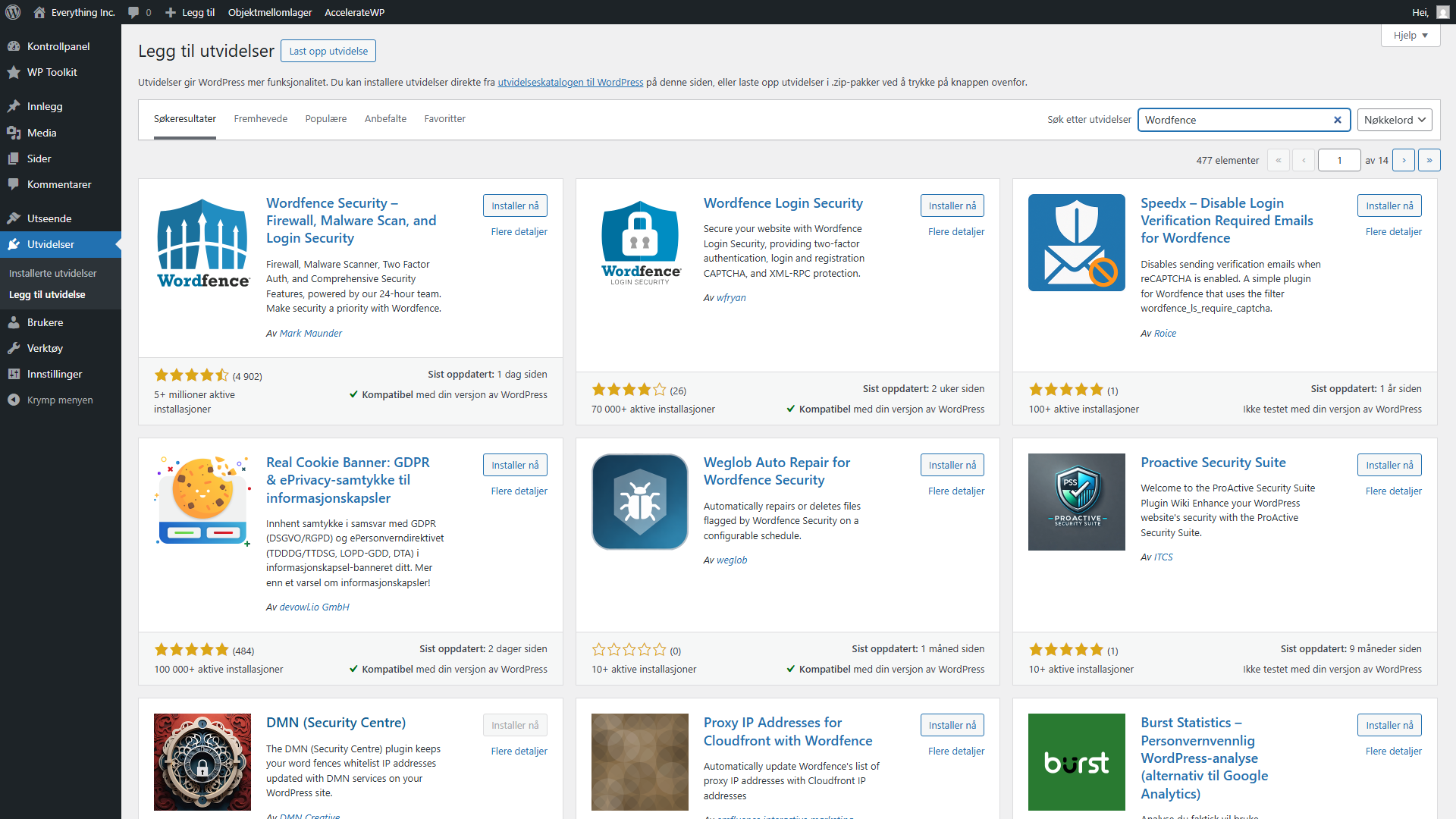 Skjermbildet "Legg til utvidelser" i WordPress, der Wordfence Security vises i søkeresultatene