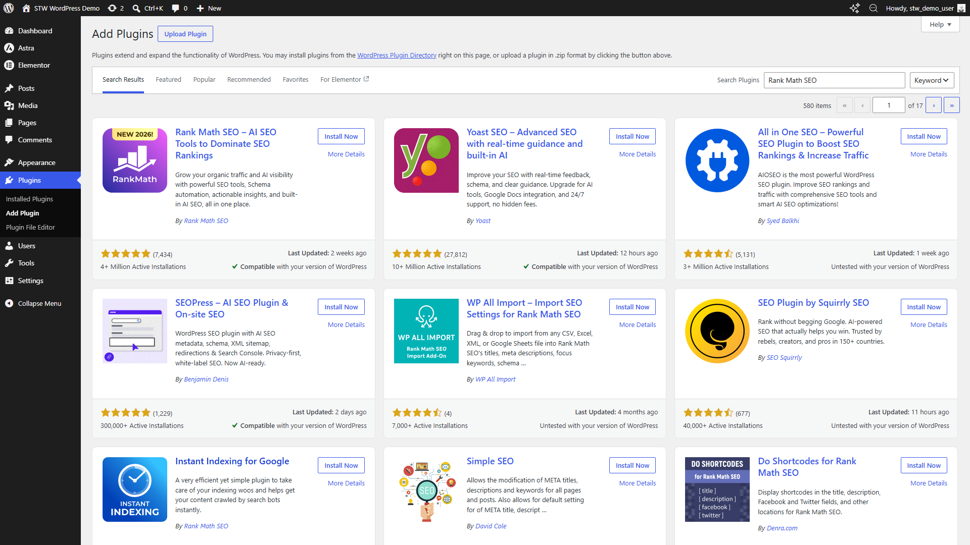 WordPress Add Plugins screen showing Rank Math SEO in the search results