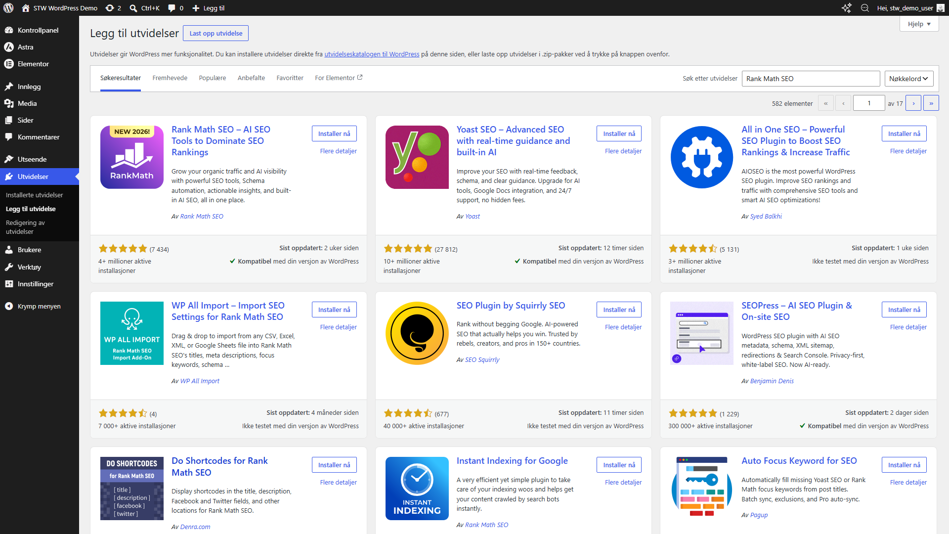 Skjermbildet "Legg til utvidelser" i WordPress, der Rank Math SEO vises i søkeresultatene