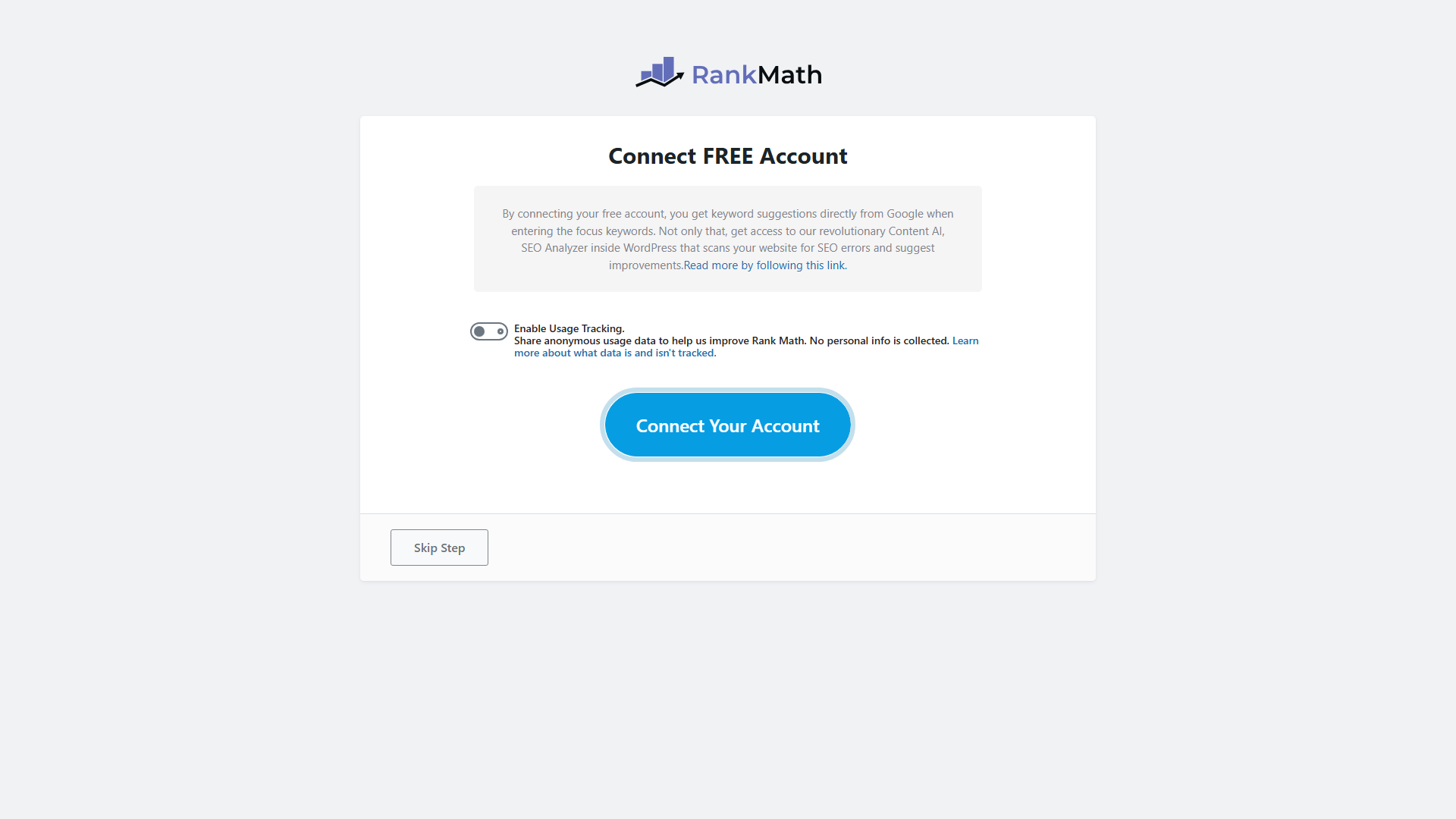 Rank Math Connect GRATIS Account-skjerm med Connect Your Account-knapp og Skip Step-alternativ