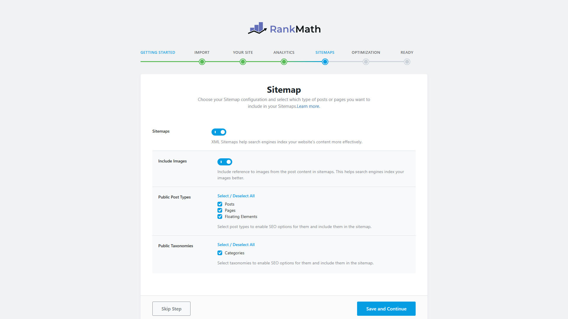 Rank Math Sitemaps step showing sitemaps enabled with posts and pages included