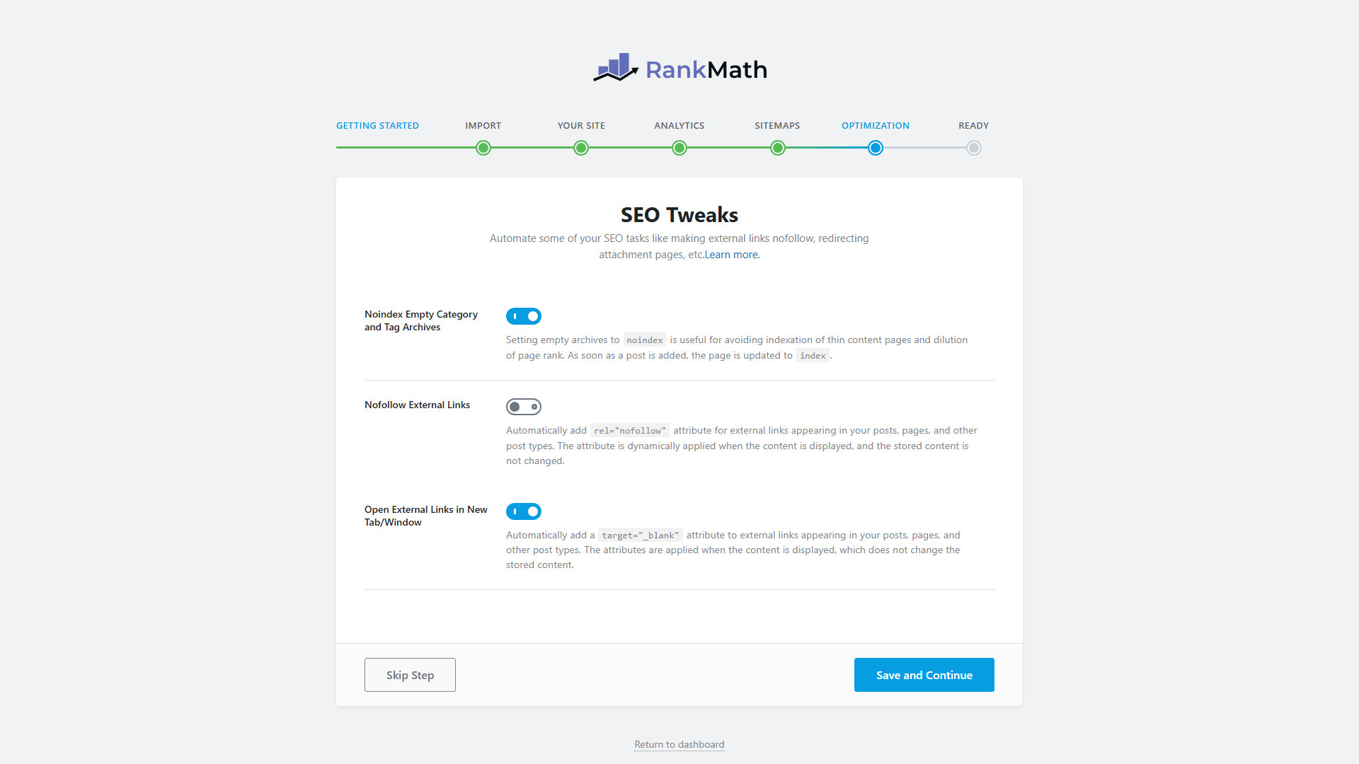 Trinnet "SEO Tweaks" i Rank Math som viser alternativene for "noindex", "nofollow" og eksterne lenker