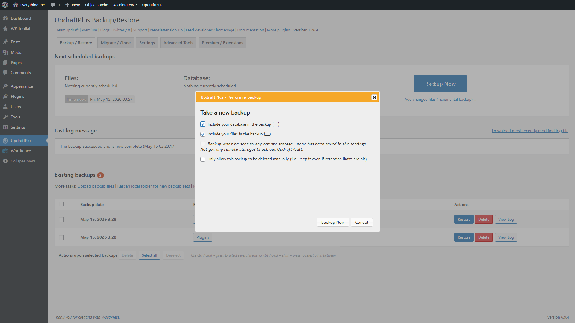 UpdraftPlus Backup Now dialog showing database and file backup options
