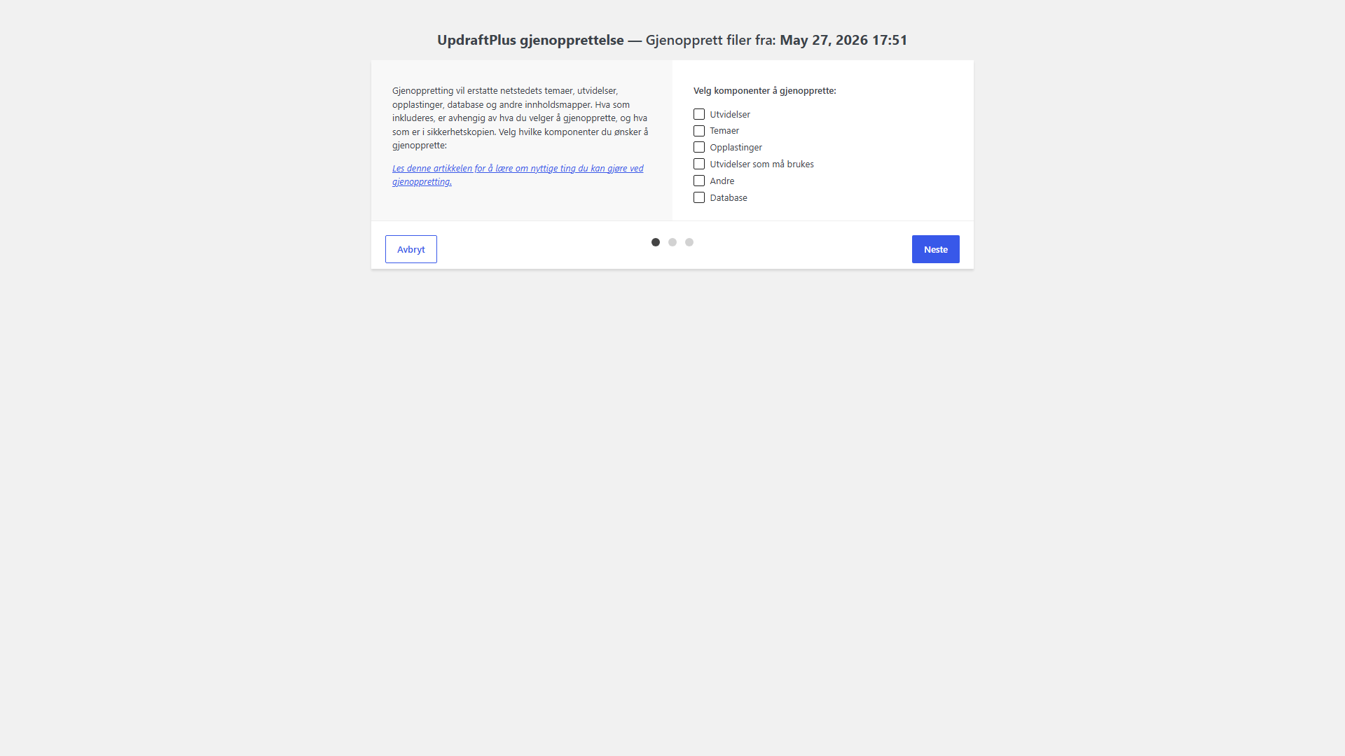 Dialogboksen for gjenoppretting i UpdraftPlus viser avkryssingsbokser for "Utvidelser", "Temaer", "Opplastinger", "Utvidelser som må brukes", "Andre" og "Database"