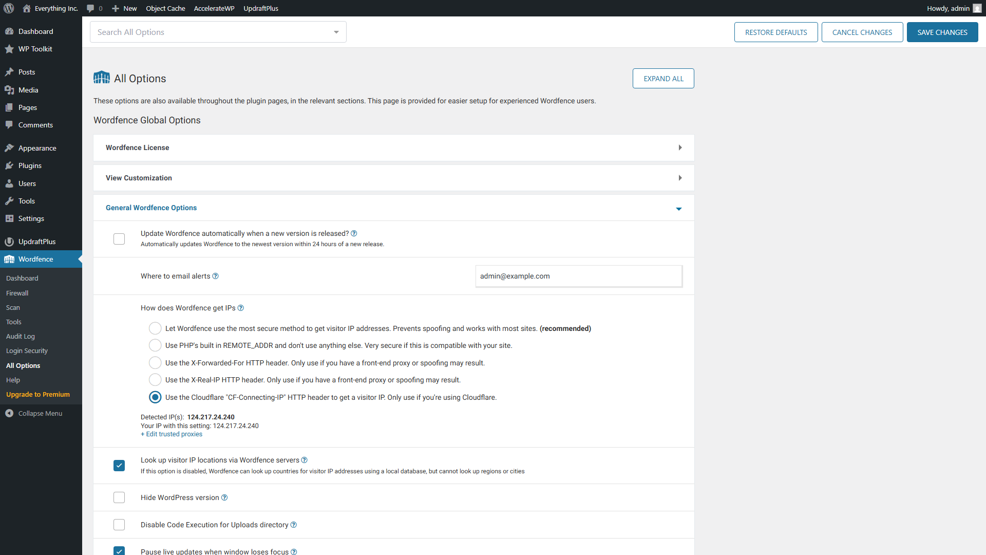 Wordfence General Wordfence Options showing the How does Wordfence get IPs setting with the Cloudflare CF-Connecting-IP option selected