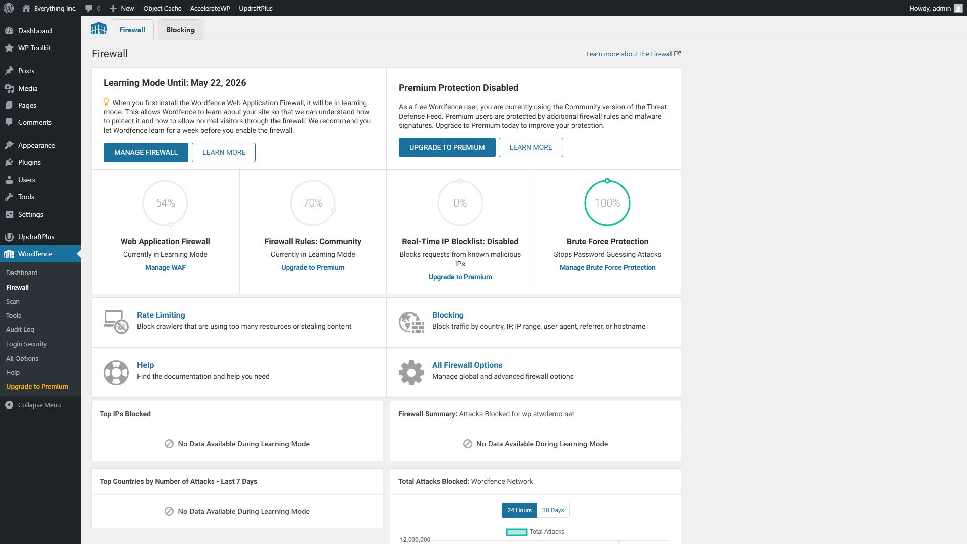 Wordfence Firewall page showing Learning Mode status and brute-force protection