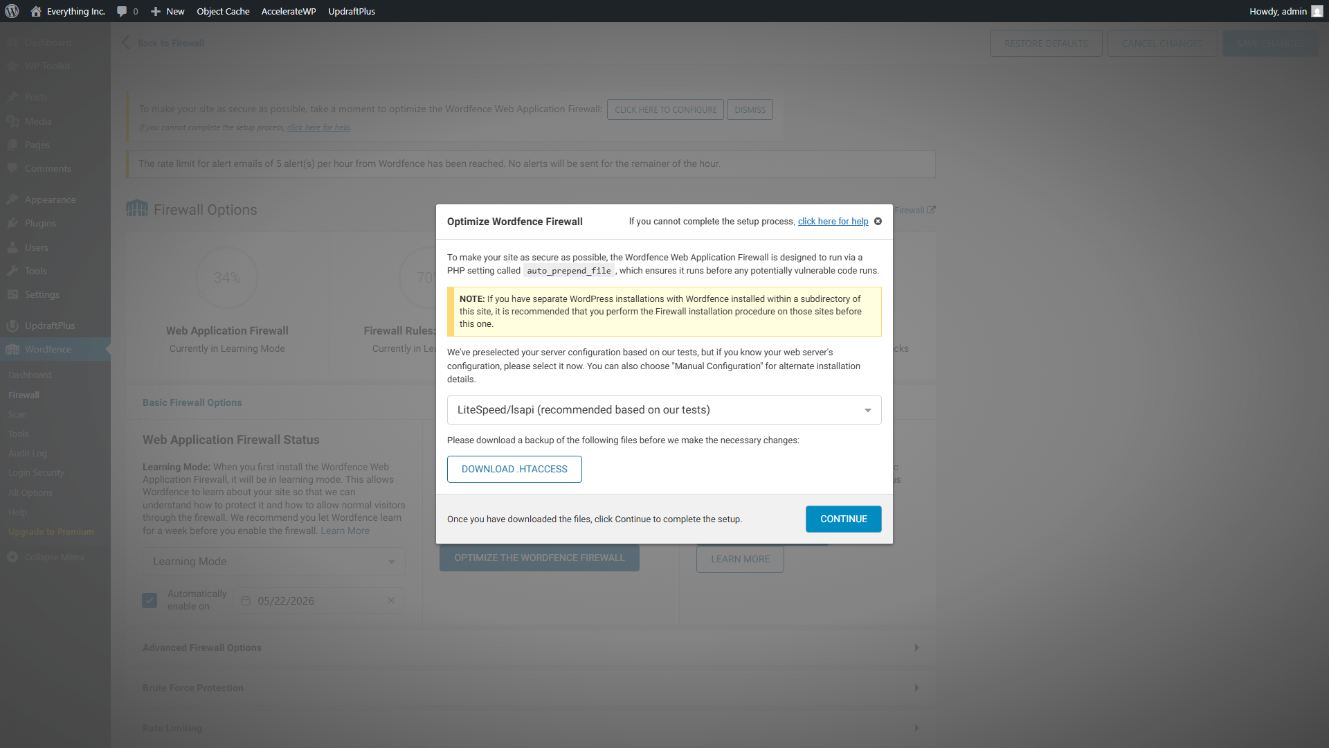 Wordfence Optimize Wordfence Firewall dialog showing LiteSpeed/lsapi selected and the Download .htaccess and Continue buttons
