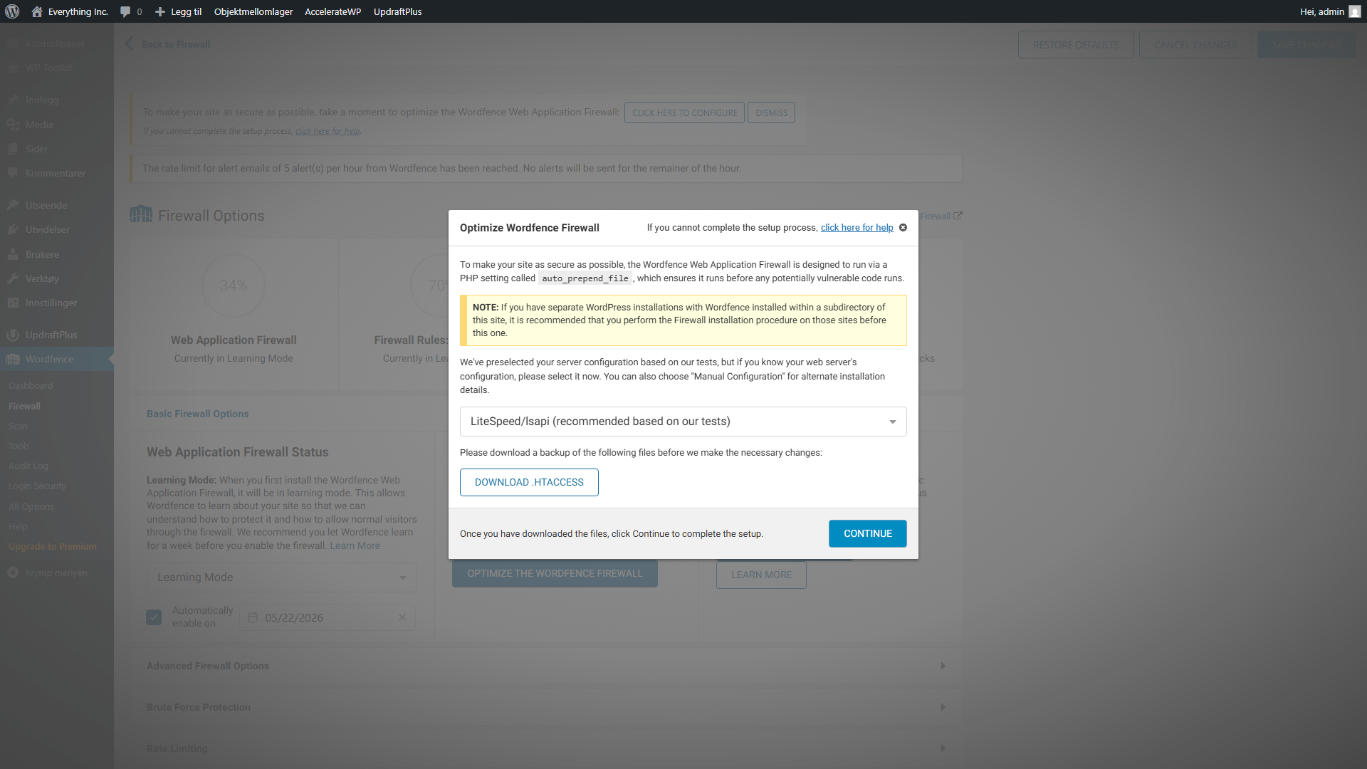 Wordfence-dialogboksen "Optimize Wordfence Firewall" som viser at LiteSpeed/lsapi er valgt, samt knappene "Download .htaccess" og "Continue"