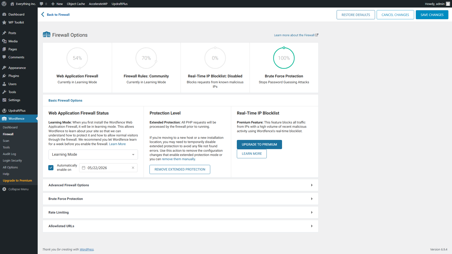 Wordfence Basic Firewall Options page showing Extended Protection enabled for the web application firewall