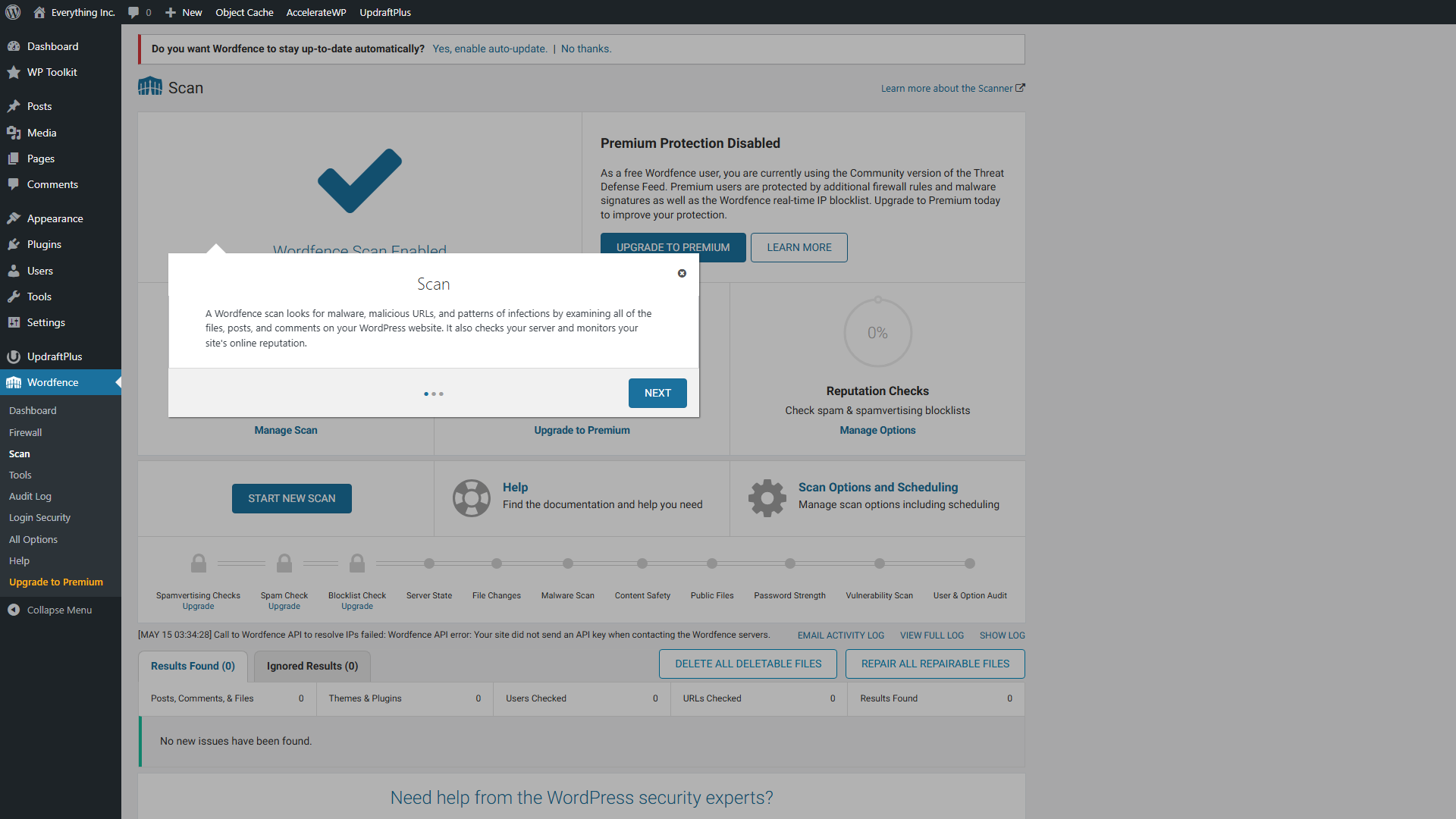 Wordfence Scan page showing scan status and malware signature status