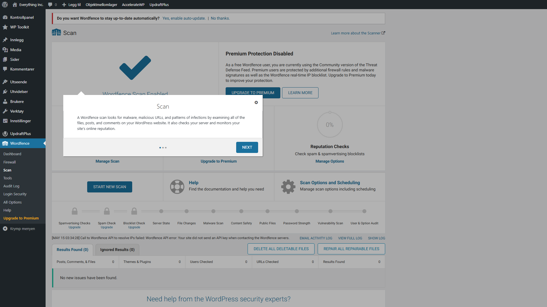 Wordfence Scan-siden viser skanningsstatus og status for skadelig programvare-signaturer