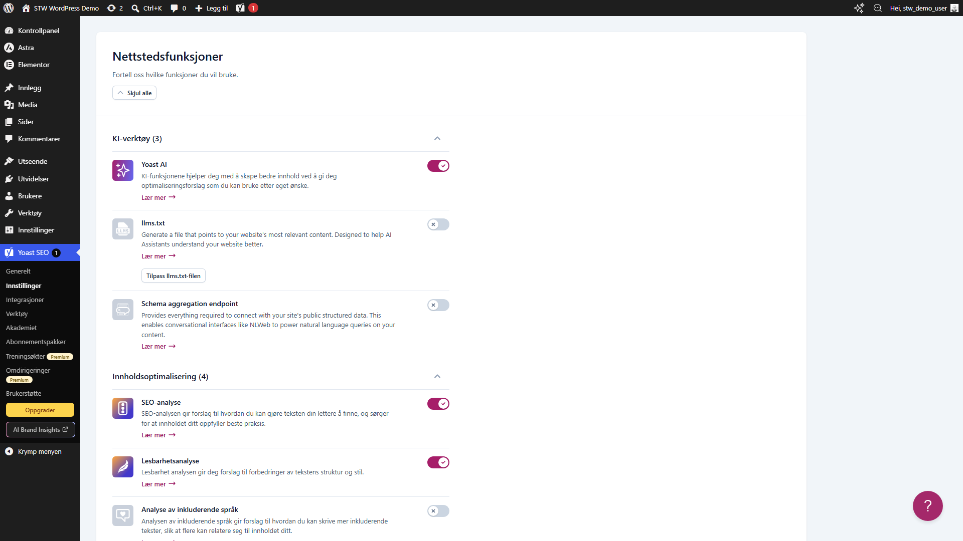 Siden for nettstedsfunksjoner i Yoast som viser SEO-analyse, lesbarhetsanalyse og KI-verktøy