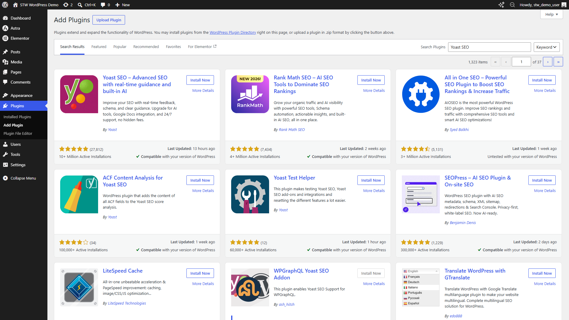 WordPress Add Plugins screen showing Yoast SEO in the search results