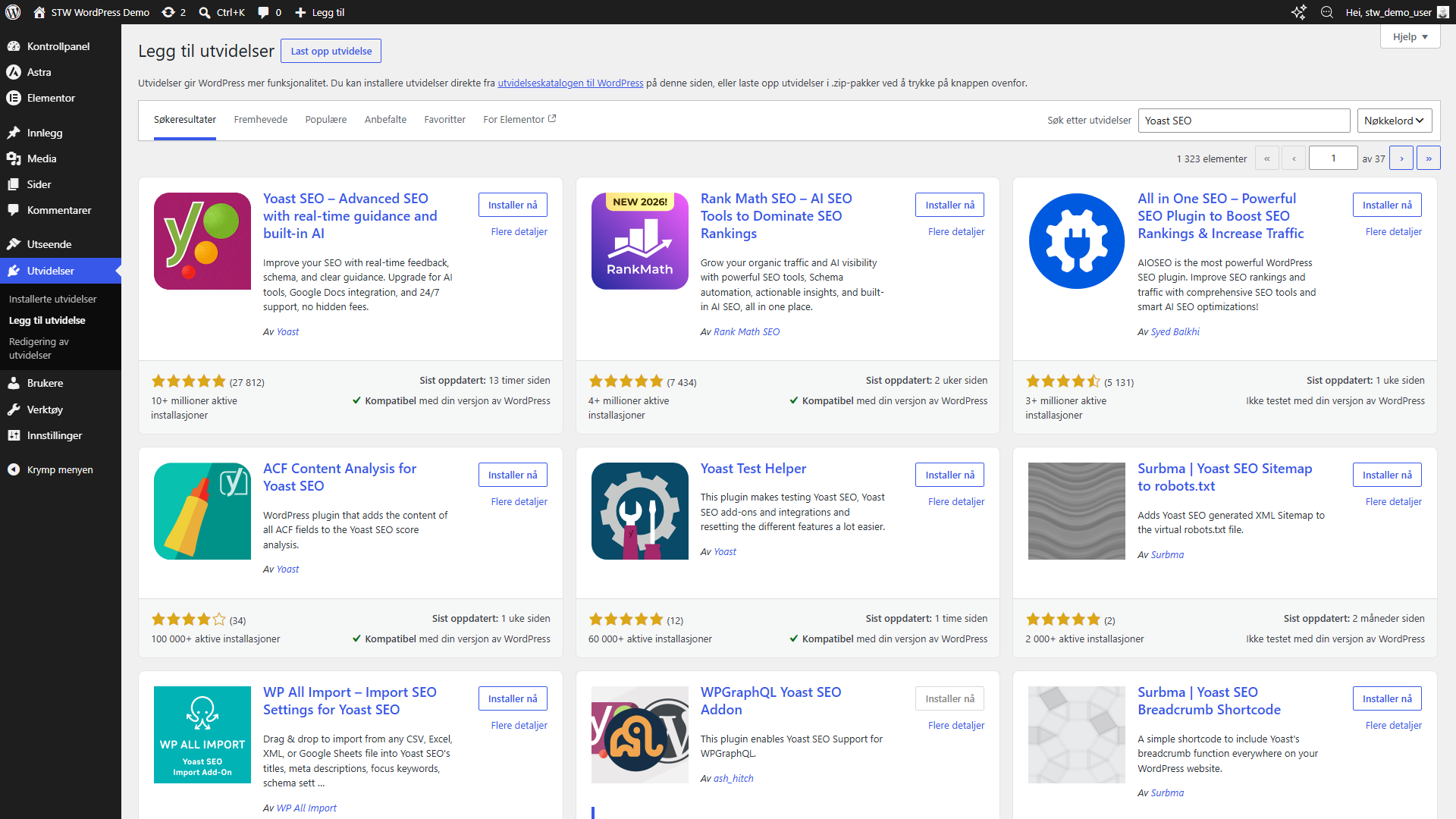 Skjermbildet "Legg til utvidelser" i WordPress, der Yoast SEO vises i søkeresultatene