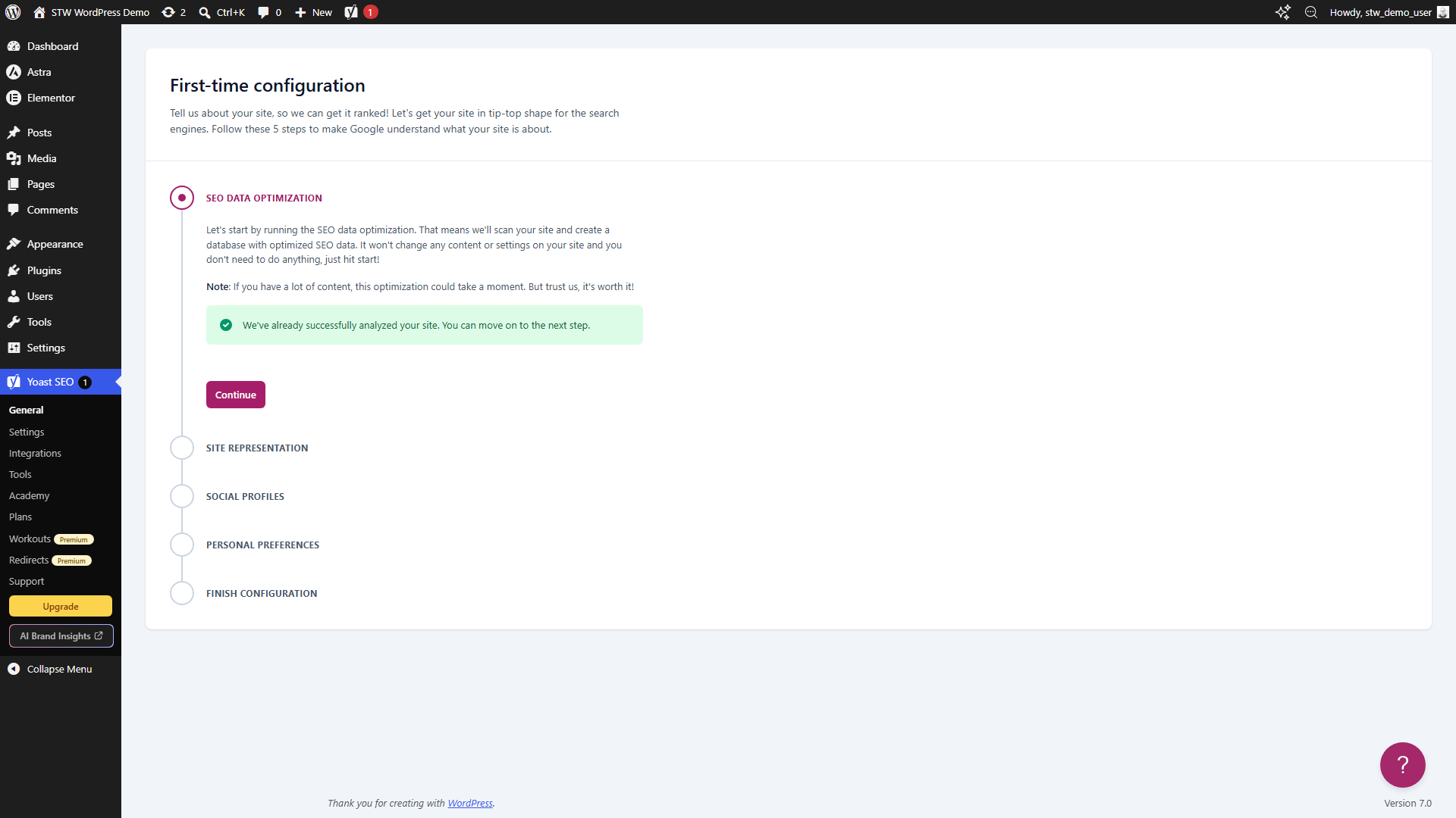 Yoast first-time configuration showing the SEO data optimization step with the Continue button