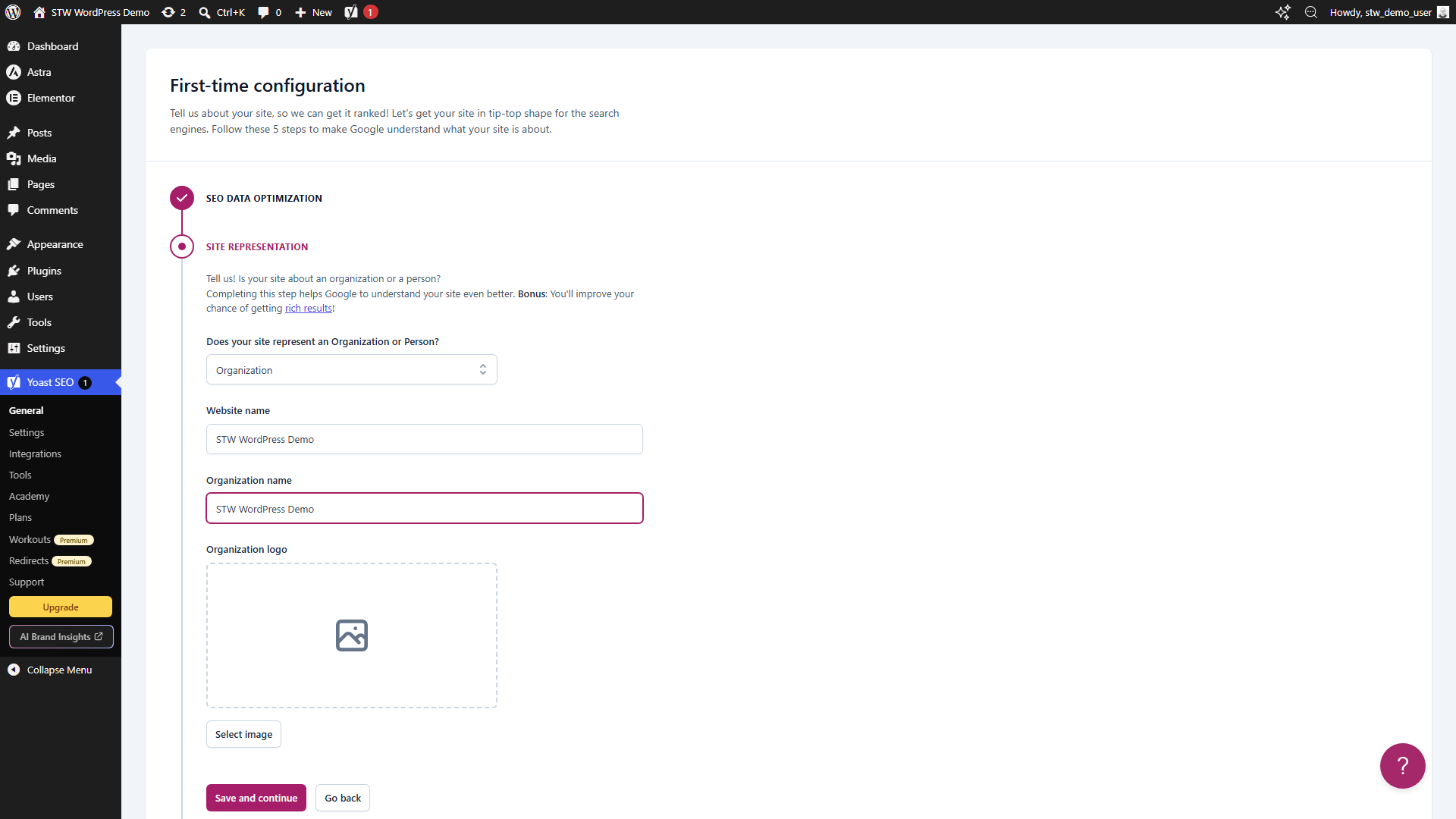 Yoast Site Representation step showing Organization selected with website and organization name fields