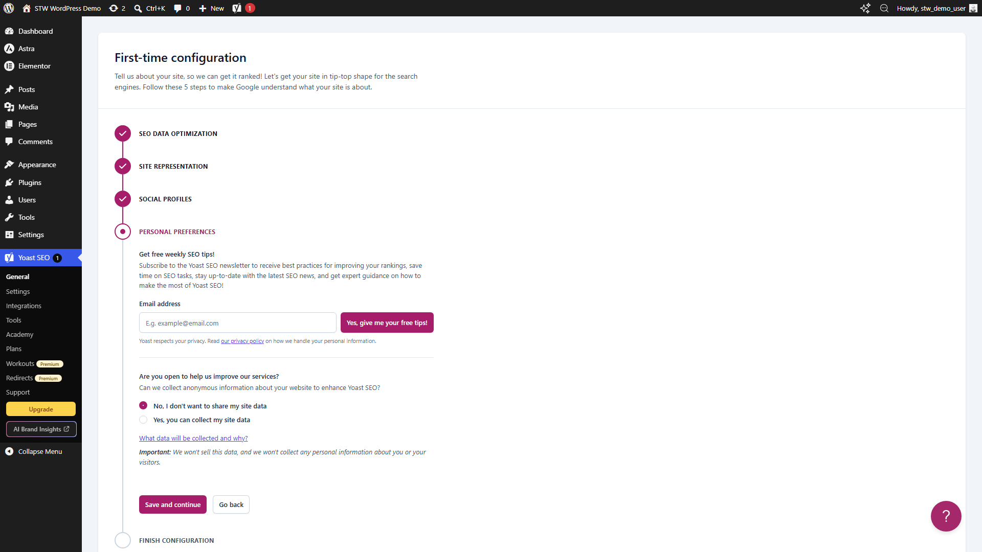 Yoast Personal Preferences step showing newsletter signup and usage tracking options