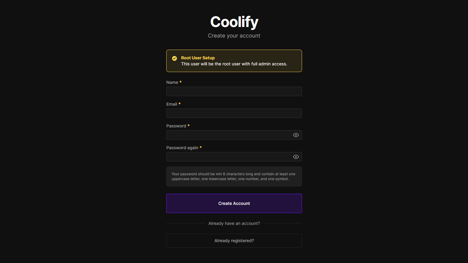 Coolify welcome screen