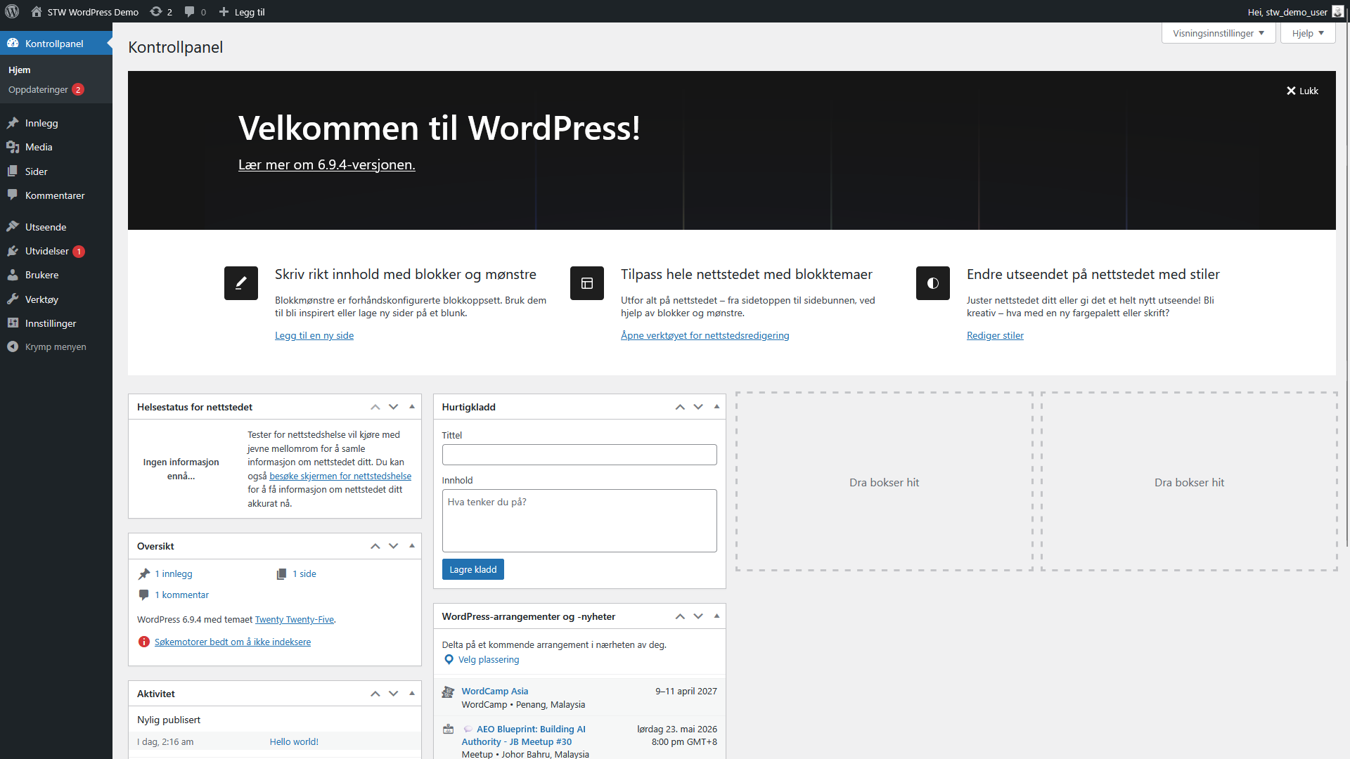 Kontrollpanelet i WordPress