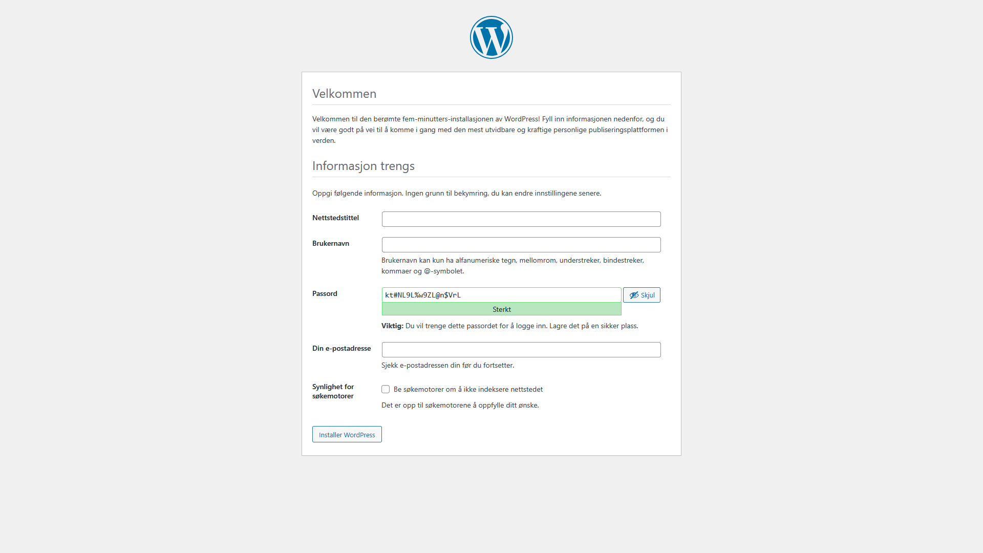 WordPress-skjema for informasjon om nettstedet