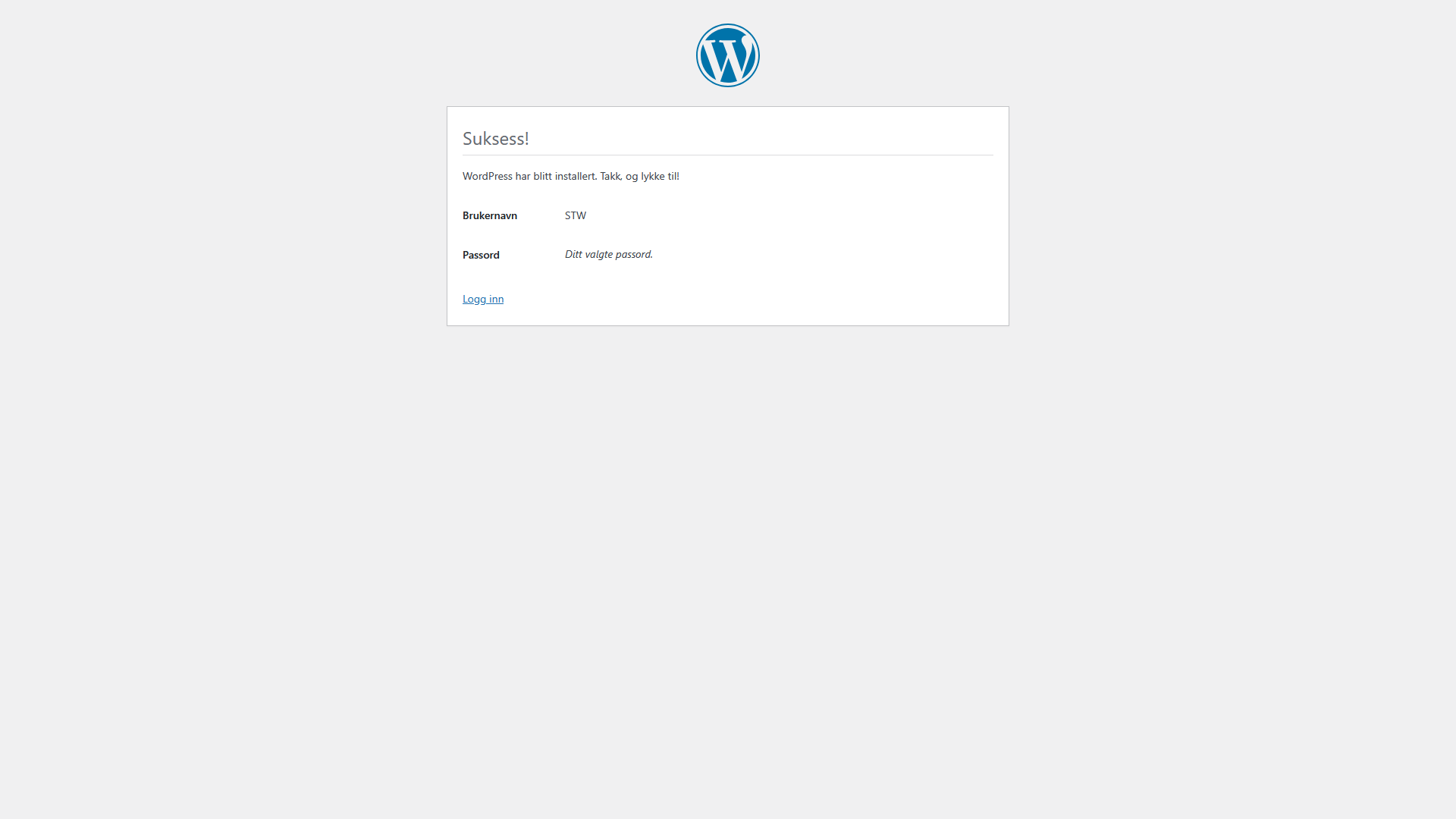 Bekreftelsesmelding om vellykket WordPress-installasjon