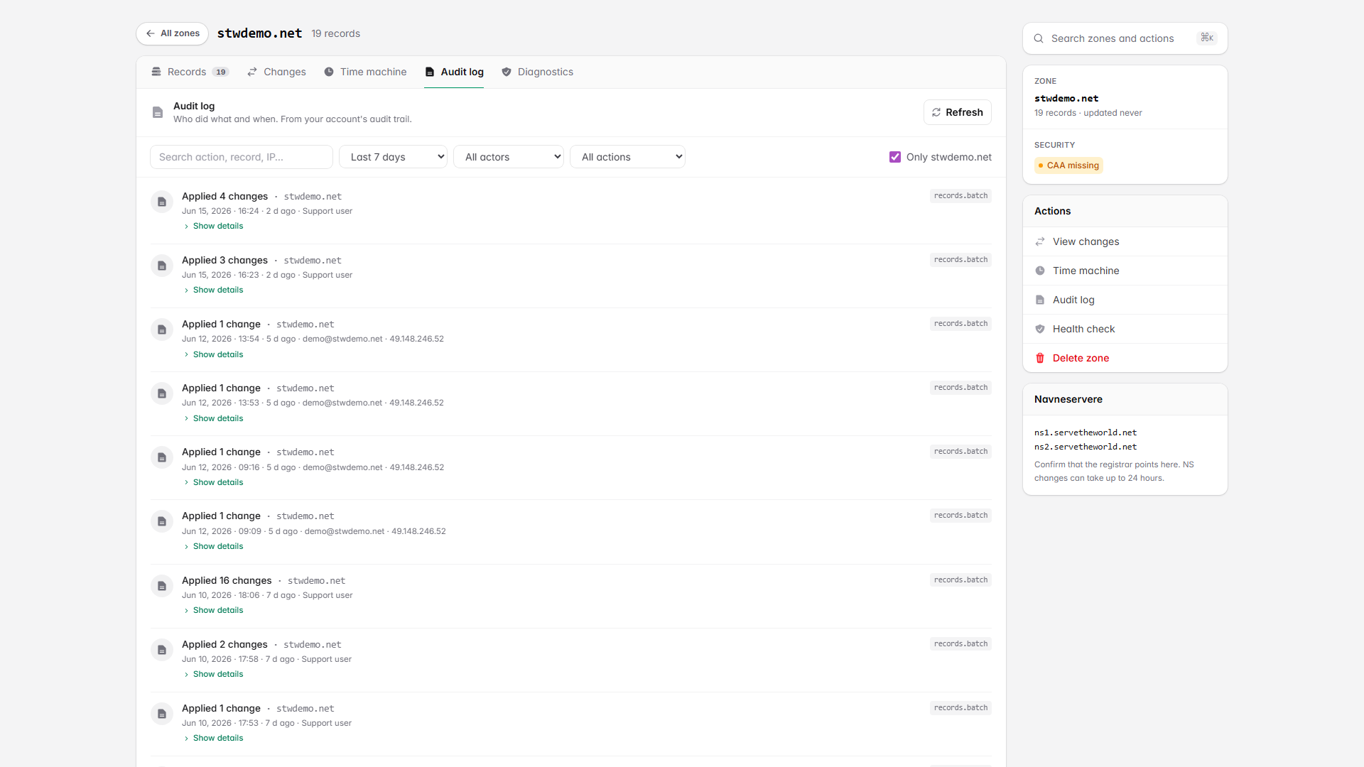 The Audit log tab listing actions with date, actor, and a Show details link
