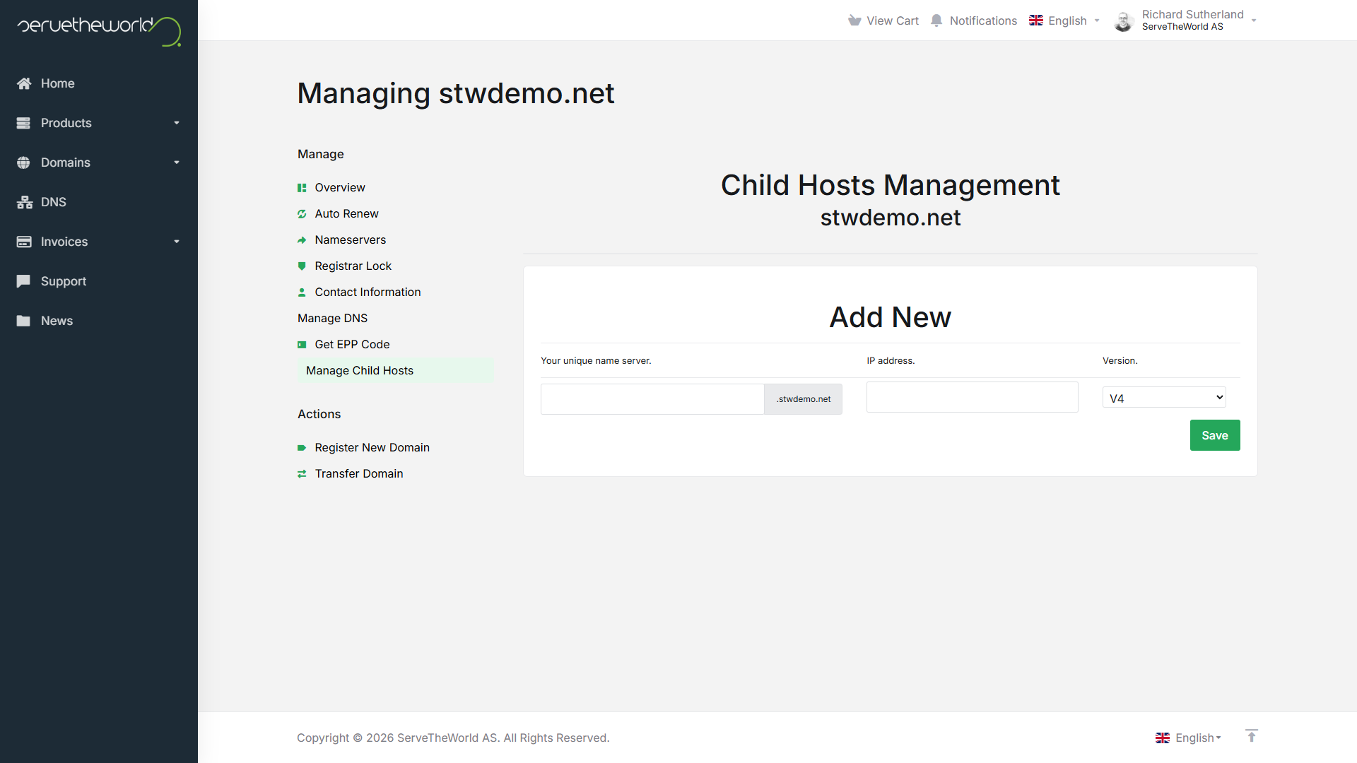 The Manage Child Hosts page