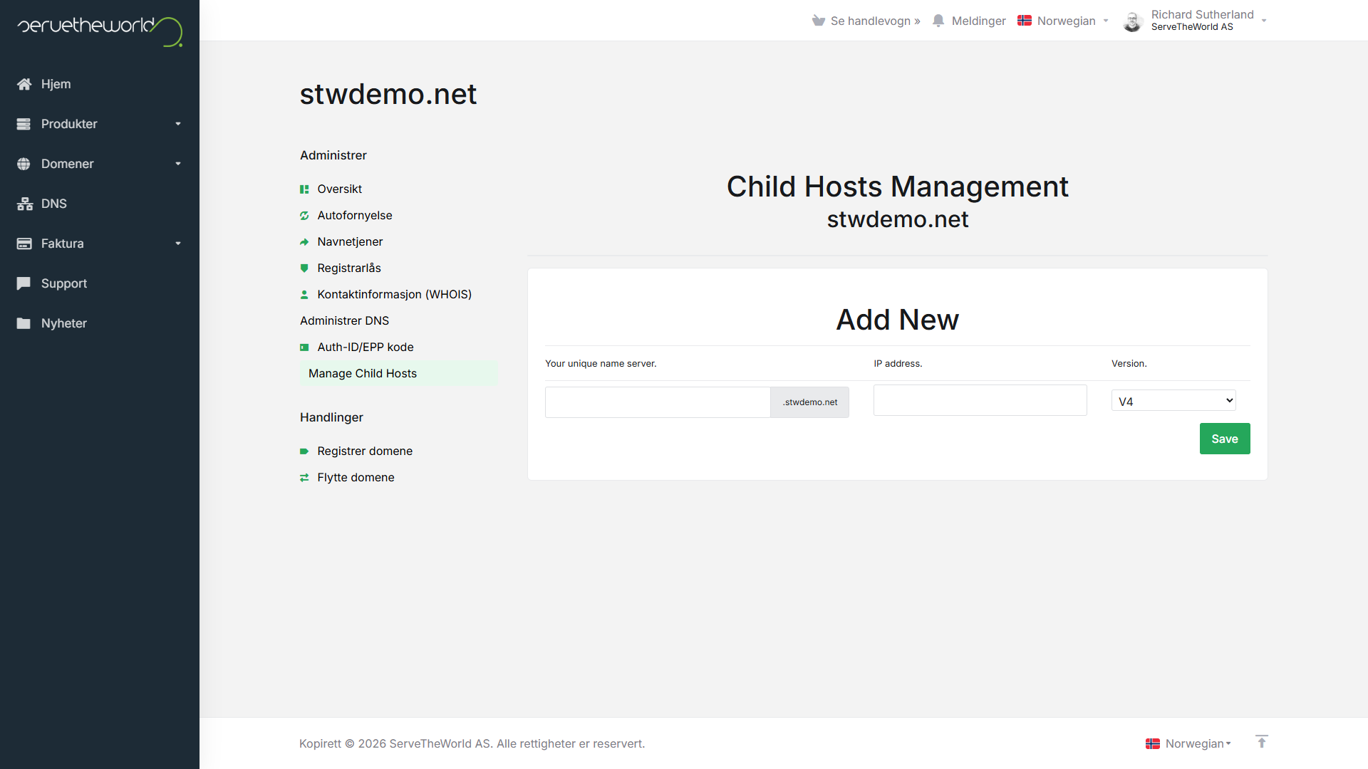 Siden "Manage Child Hosts"