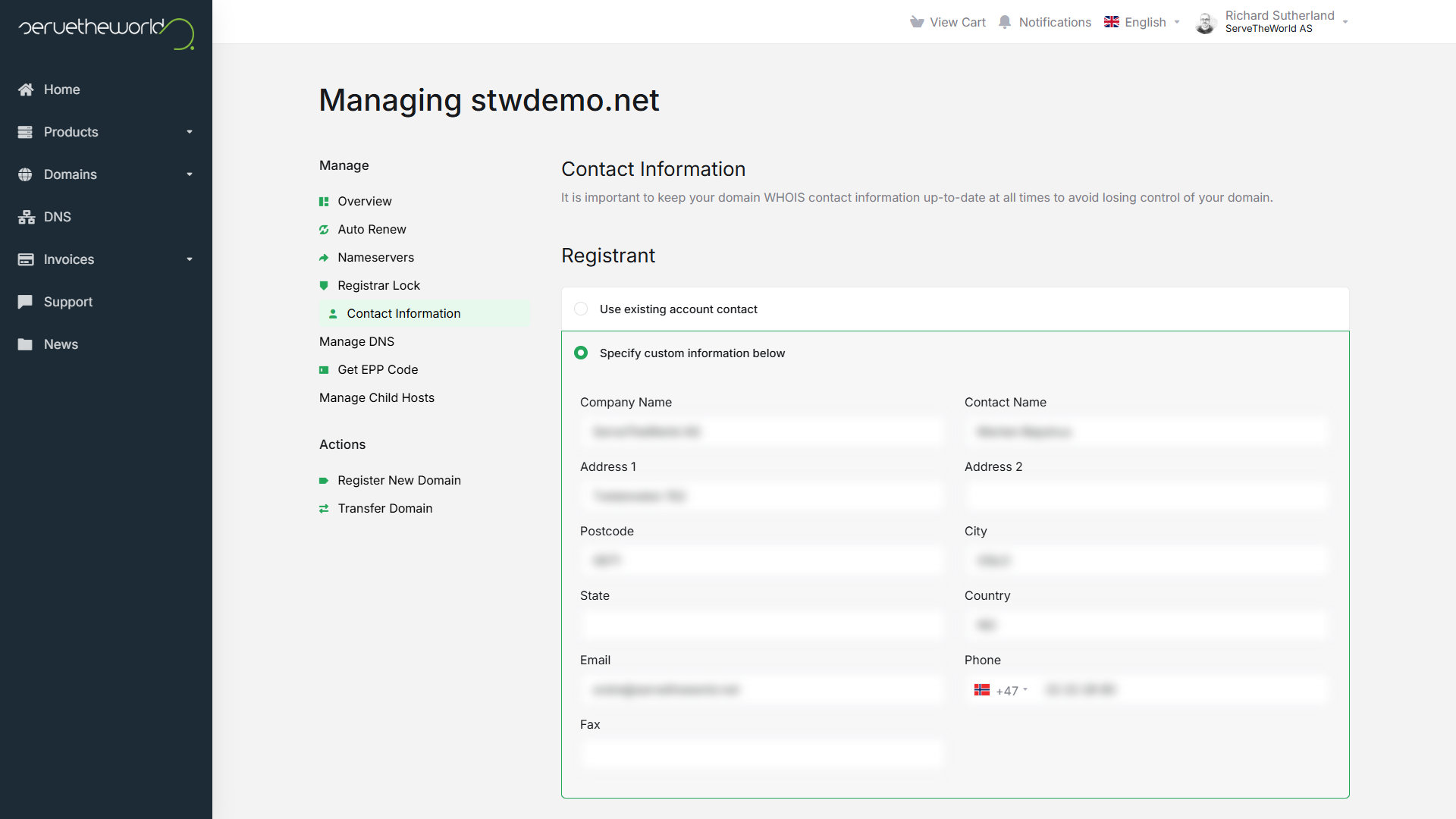 The Contact Information page with Registrant and Admin sections