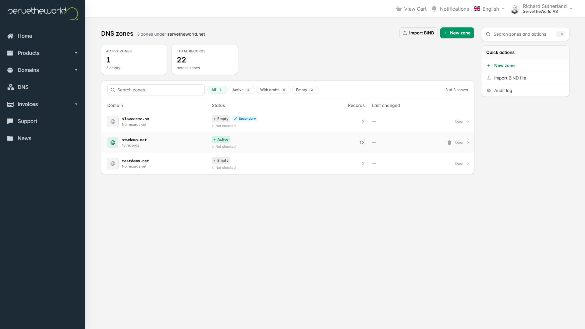 ServeTheWorld DNS zones list showing each manageable domain, its status, record count, and last change
