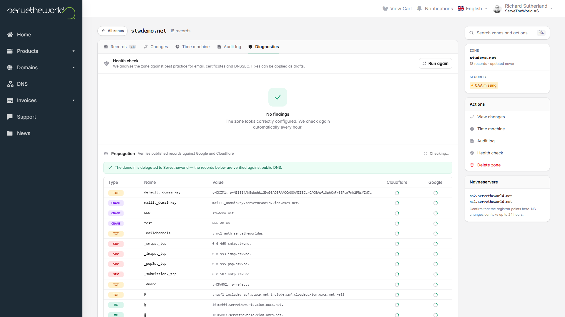 The Diagnostics tab separating zone health from delegation and propagation checks