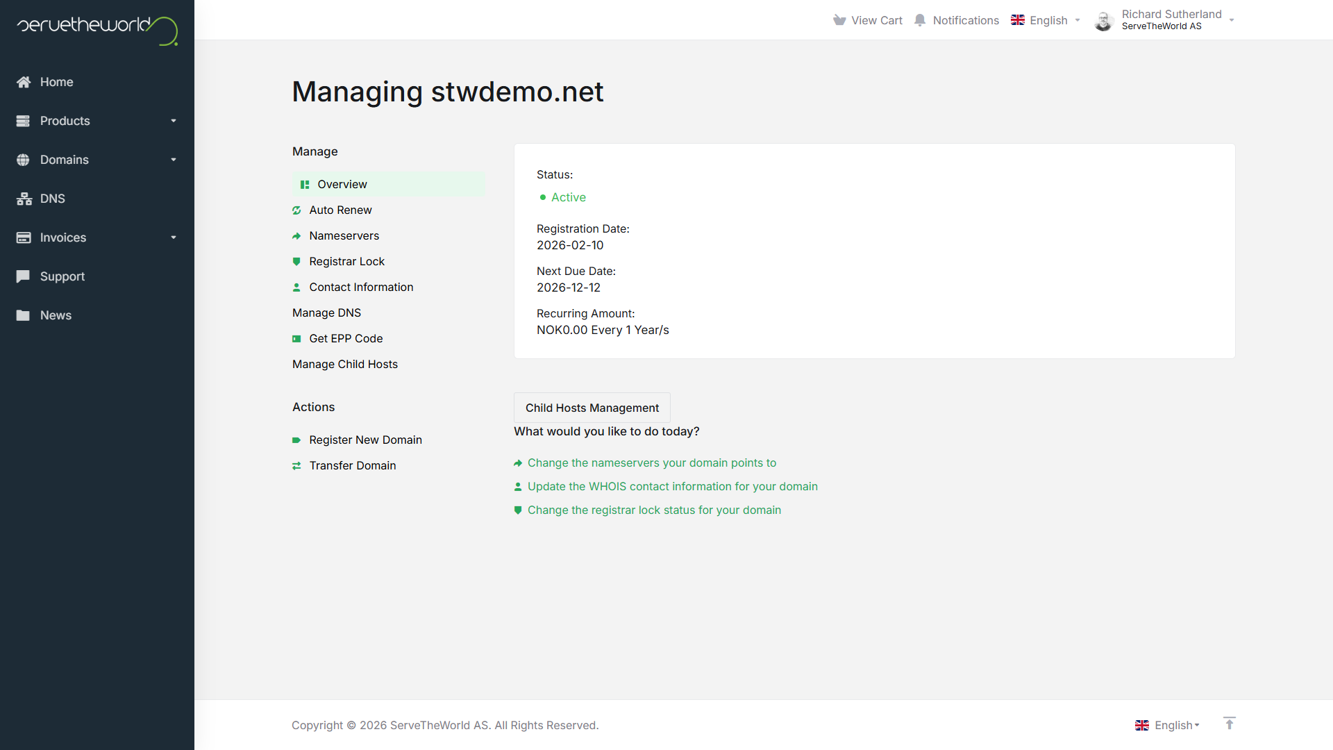A domain's Manage menu with Overview, Auto Renew, Nameservers, Registrar Lock, Contact Information, Manage DNS, Get EPP Code, and Manage Child Hosts