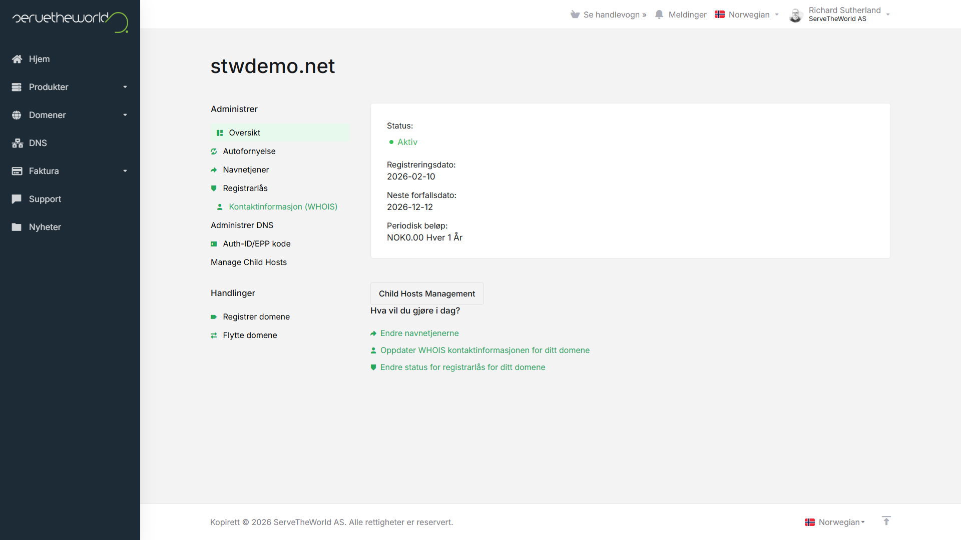 Menyen "Administrer" for et domene, med oversikt, automatisk fornyelse, navnetjenere, registrarlås, kontaktinformasjon, administrer DNS, hent EPP-kode og administrer egne navnetjenere