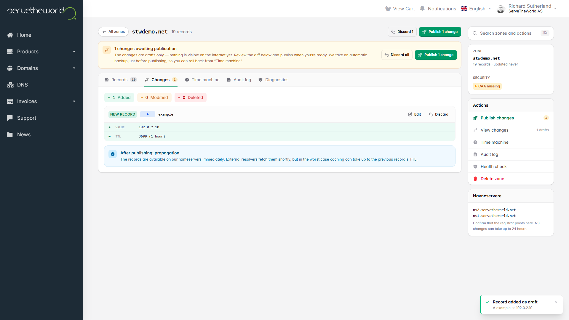 The Changes tab showing a draft A record as an addition before publishing