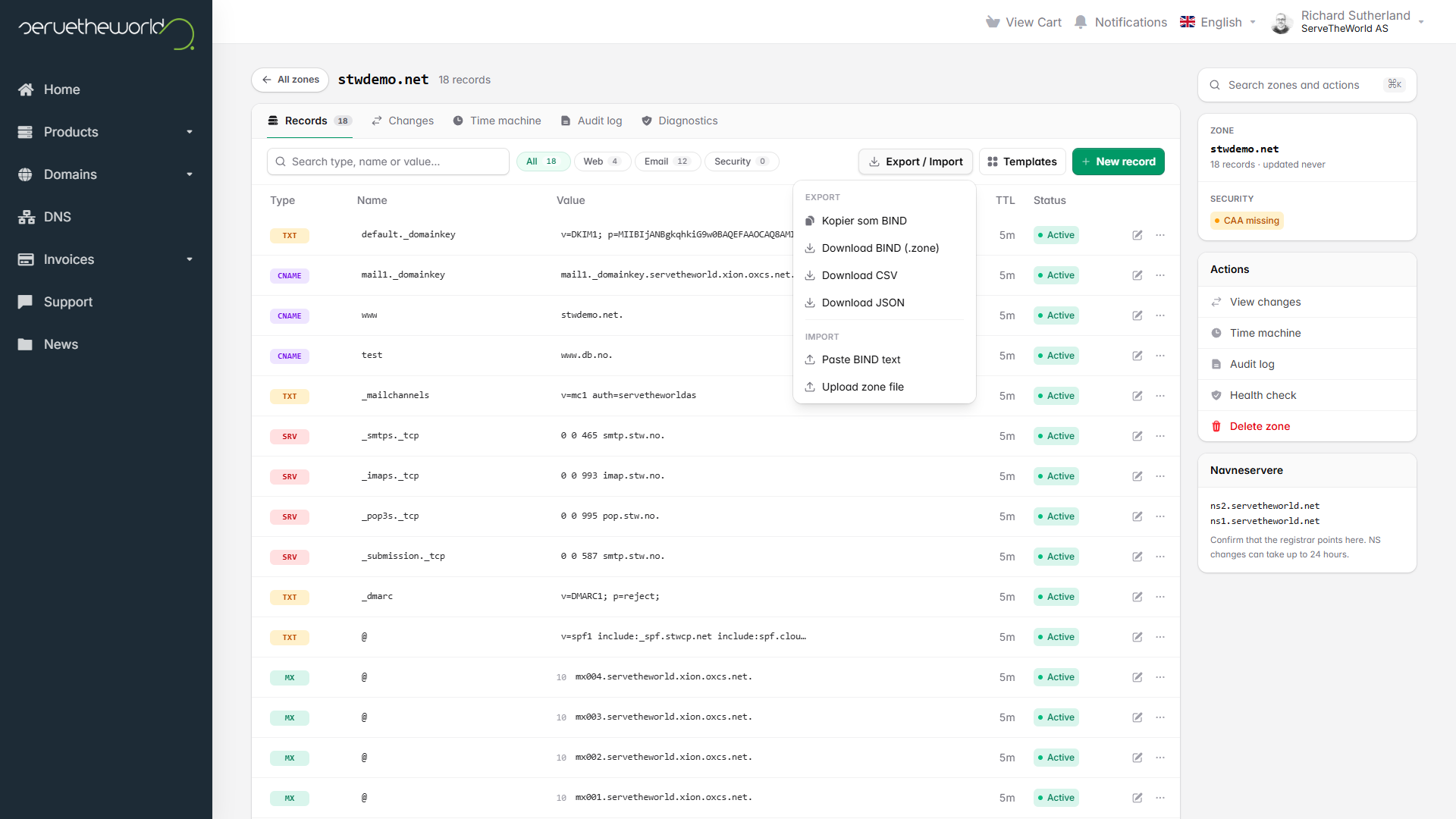 The Export and Import menu with copy, download, paste, and upload options