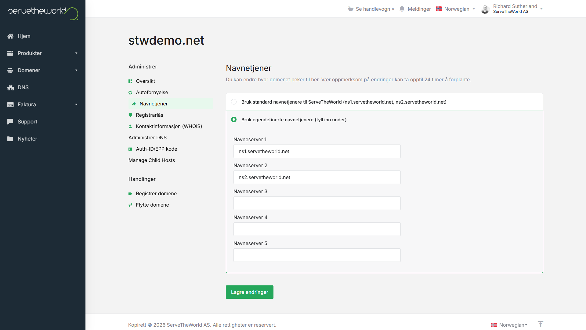 Siden "Navnetjener" viser standardinnstillinger og tilpassede alternativer for navnetjenere