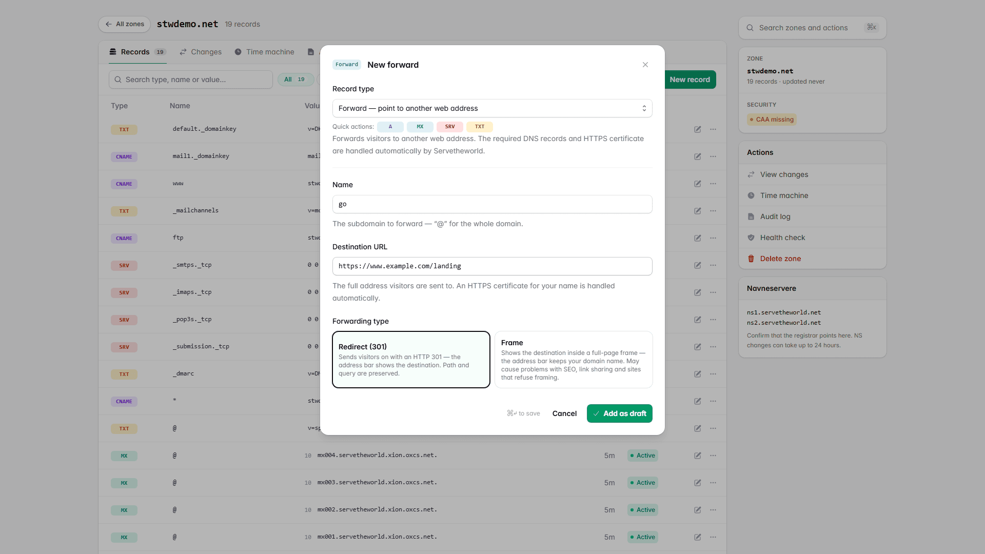 The New record dialog set to a Forward, showing the destination URL and the Redirect and Frame options
