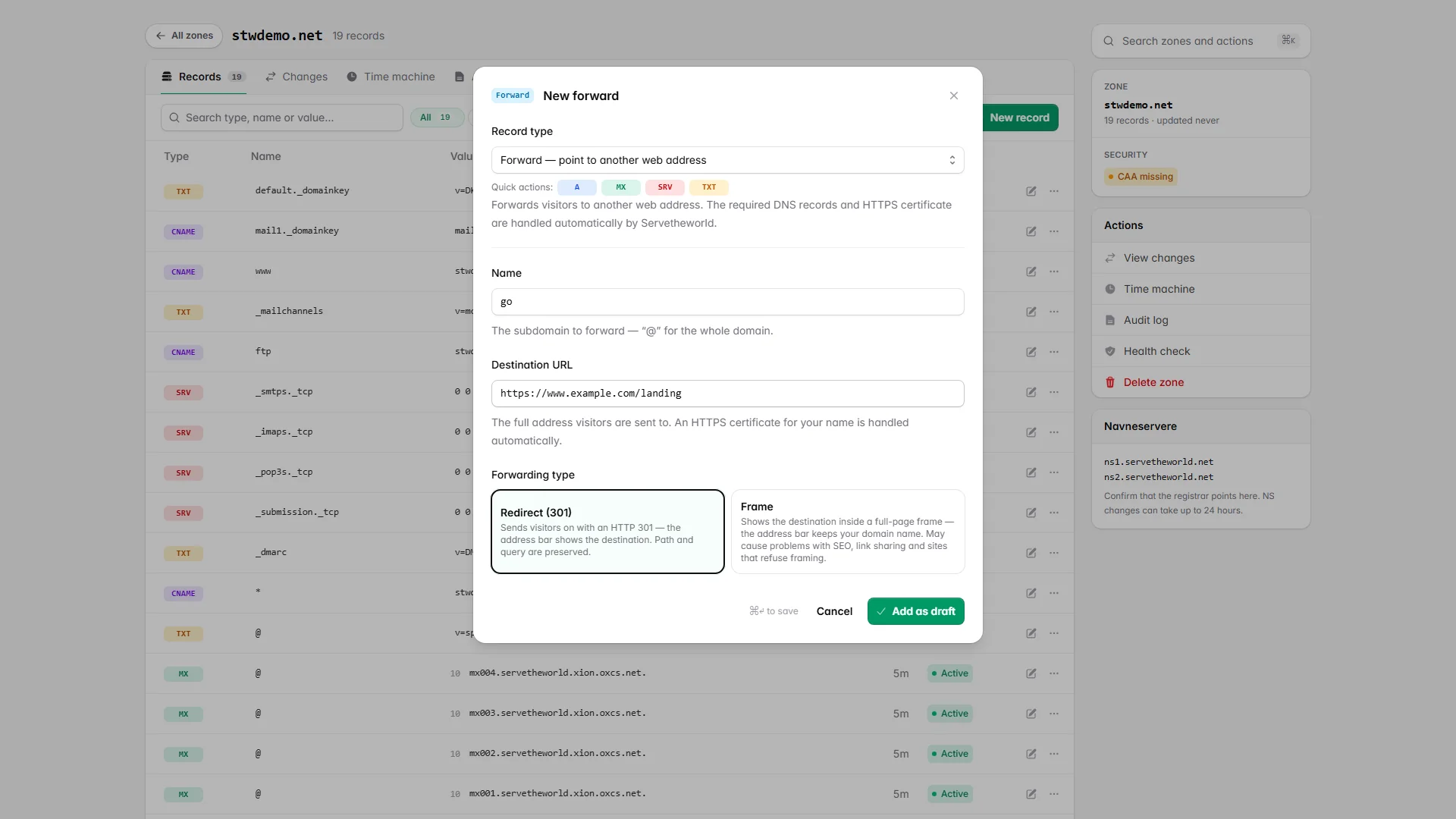The New record dialog set to a Forward, showing the destination URL and the Redirect and Frame options