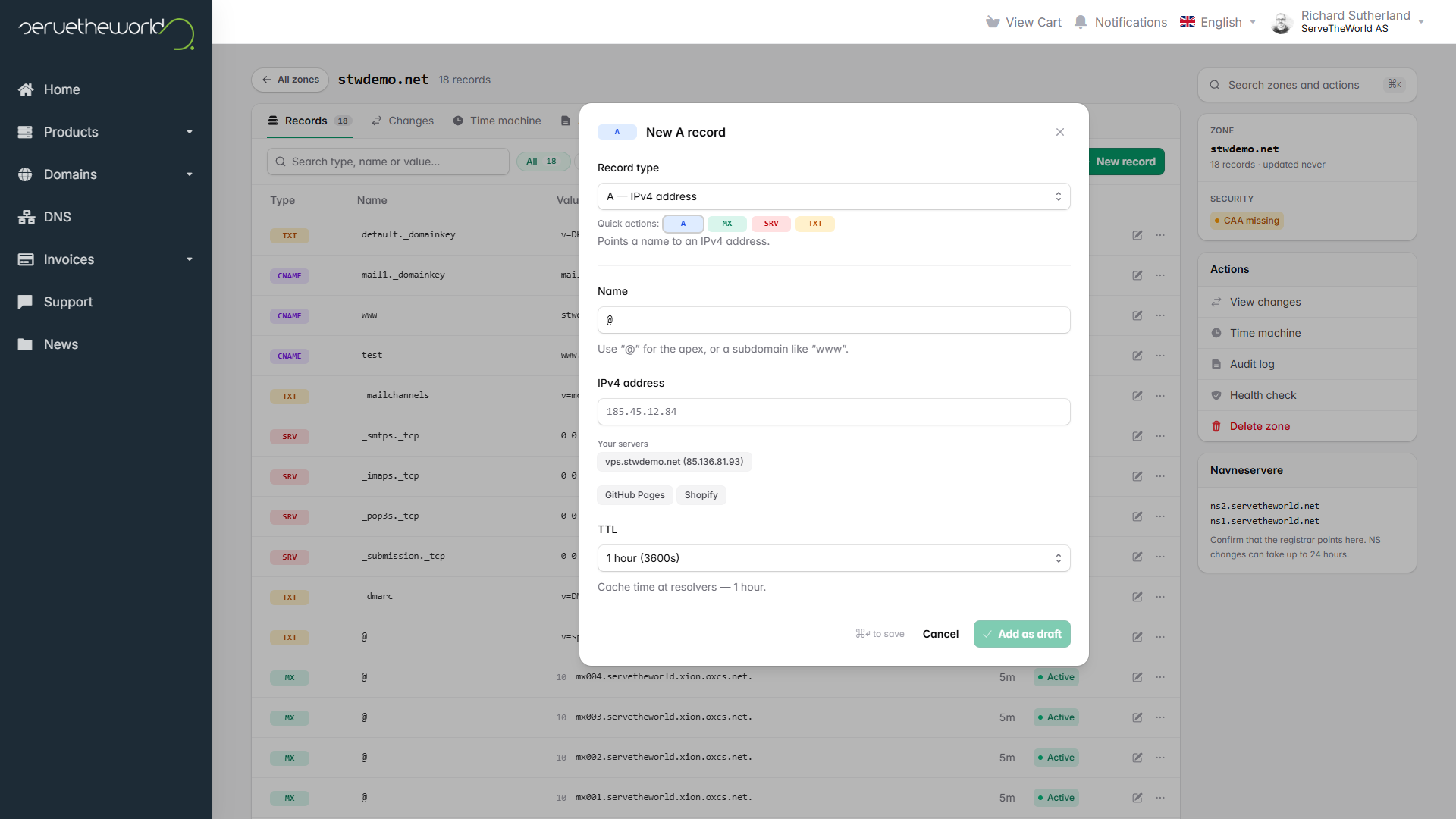 The New record dialog set to an A record, showing the name, IPv4 address, and TTL fields