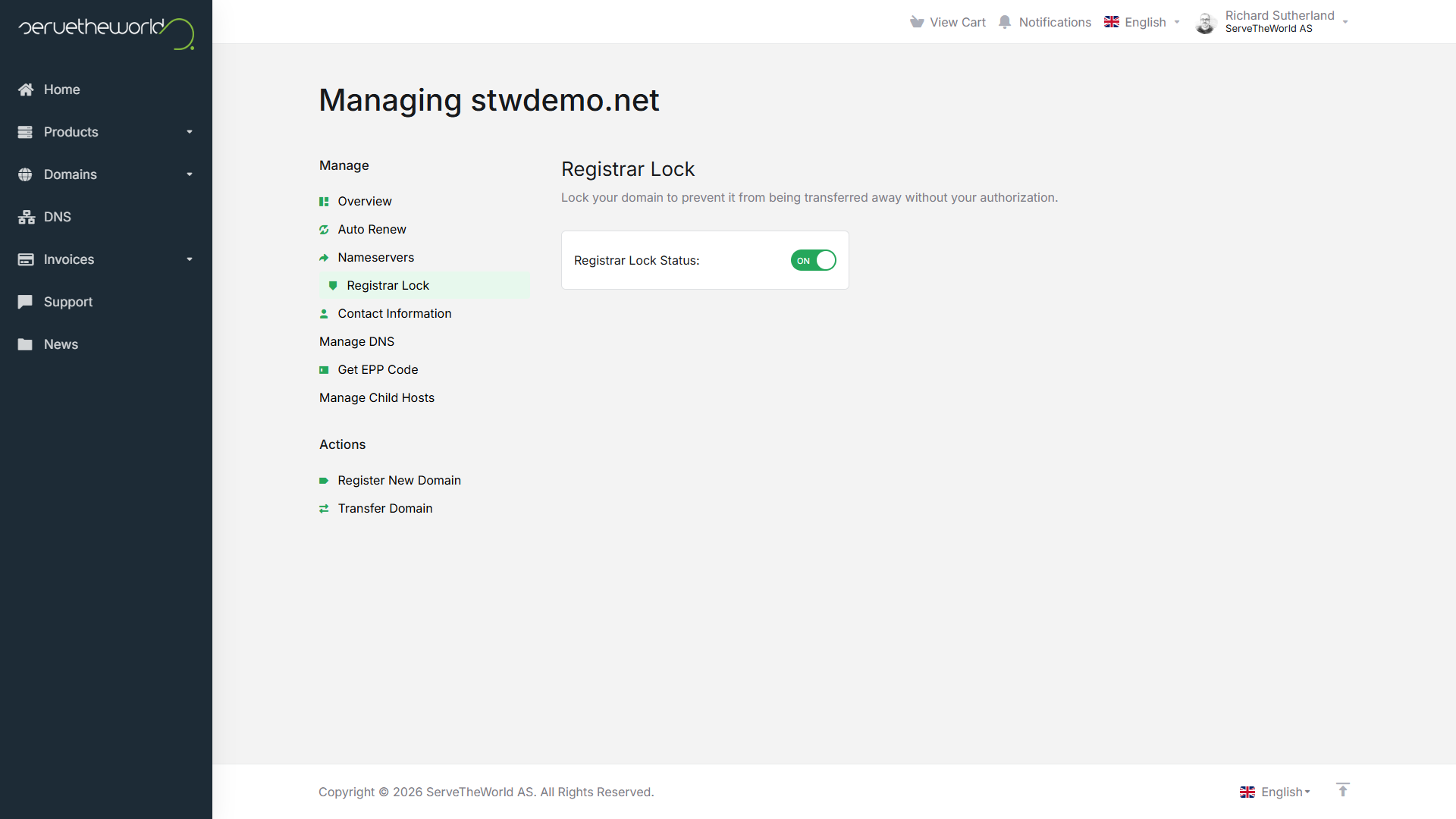 The Registrar Lock page with the lock status toggle