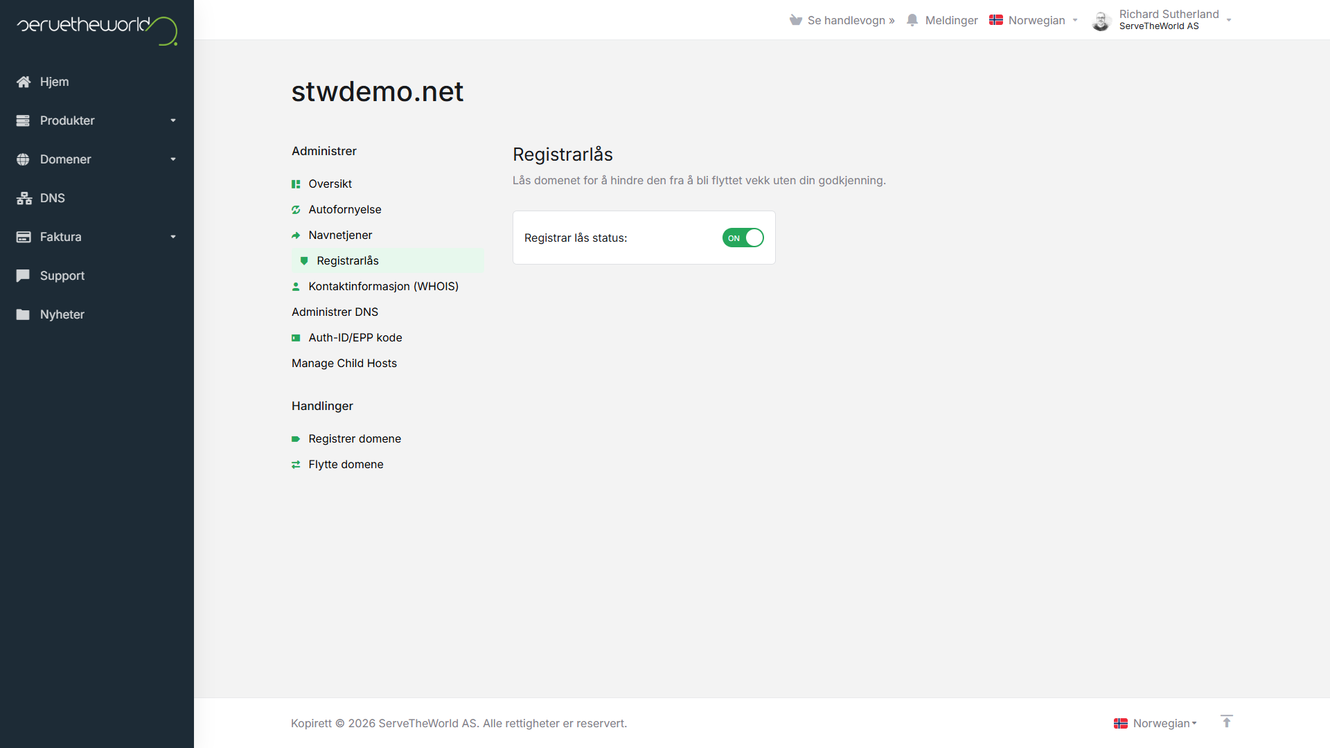 Siden "Registrarlås" med bryteren for låsestatus