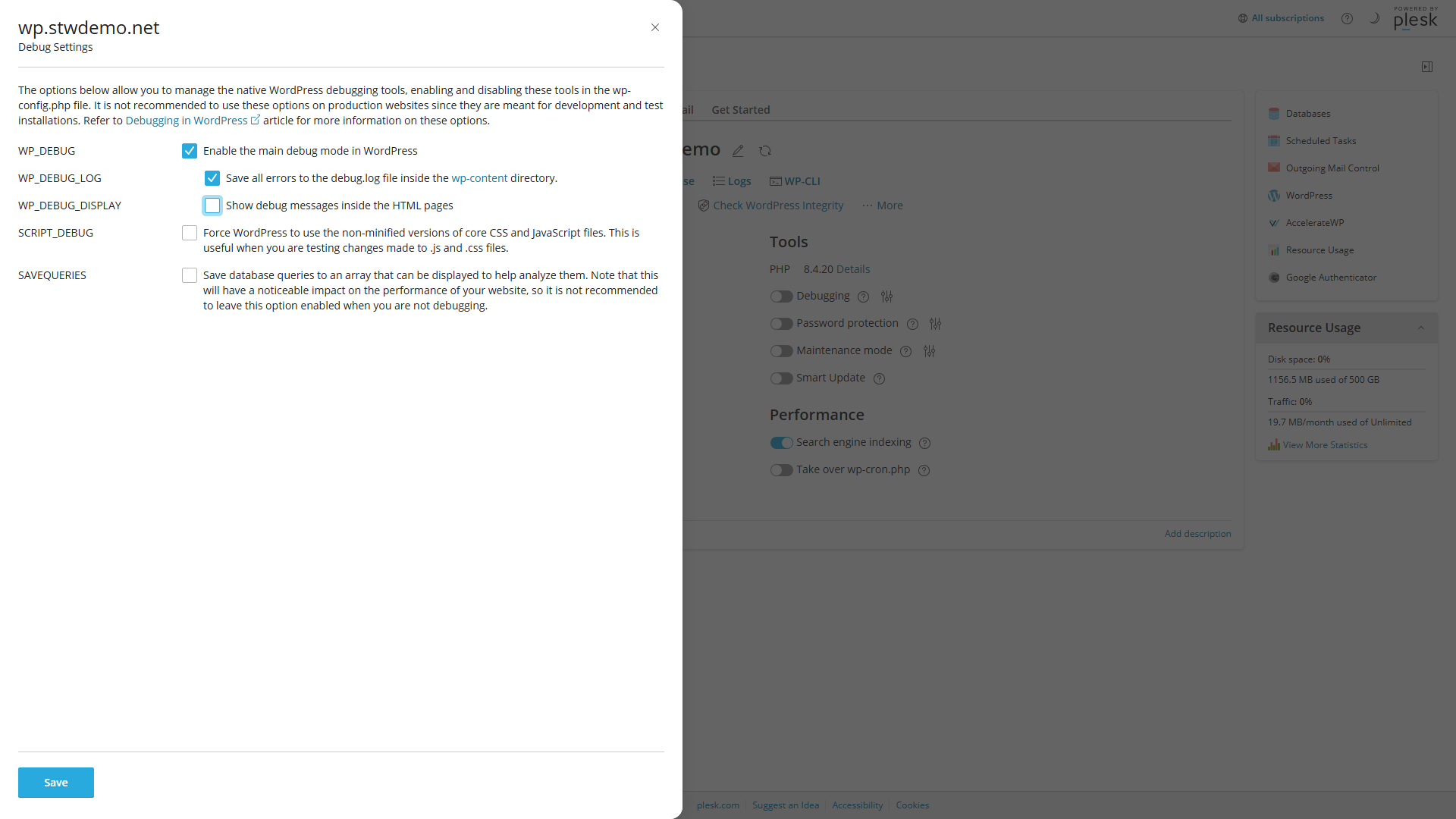 Feilsøkingsinnstillingene for WordPress Toolkit i Plesk viser at WP_DEBUG og WP_DEBUG_LOG er valgt, mens WP_DEBUG_DISPLAY, SCRIPT_DEBUG og SAVEQUERIES ikke er krysset av