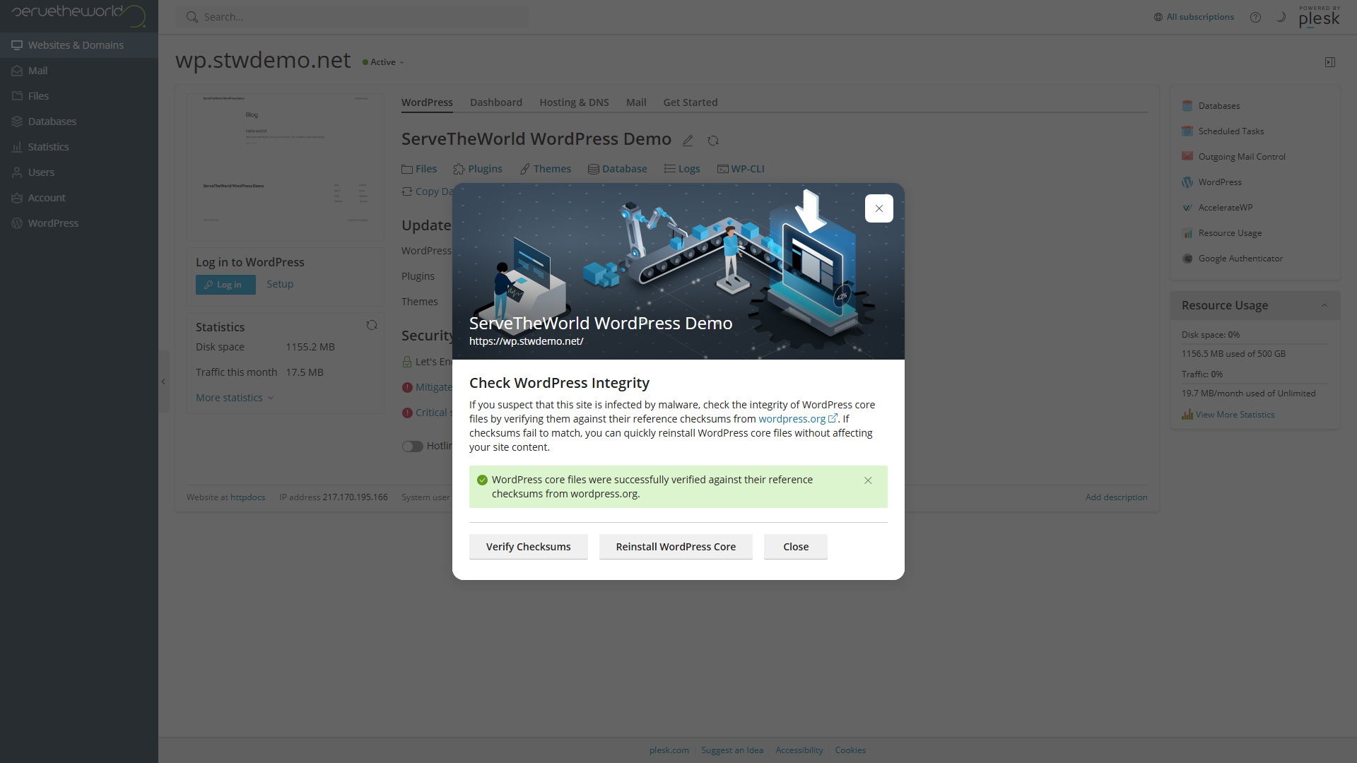 Integritetssjekken i WordPress Toolkit viser at verifiseringen av WordPress-kjernefilene er fullført