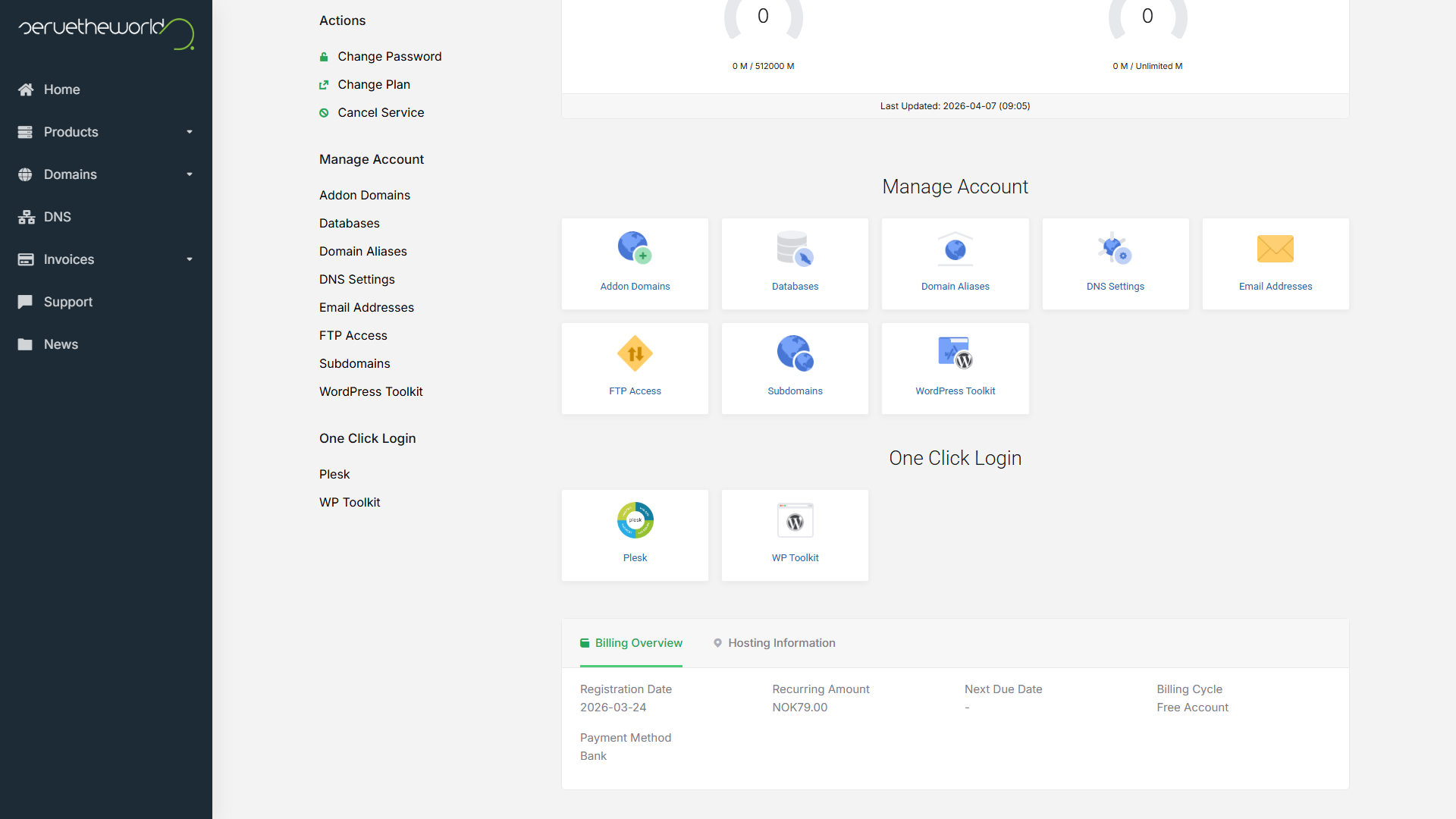 STW customer portal showing the WP12 hosting product with Manage Account tools and One Click Login options for Plesk and WP Toolkit