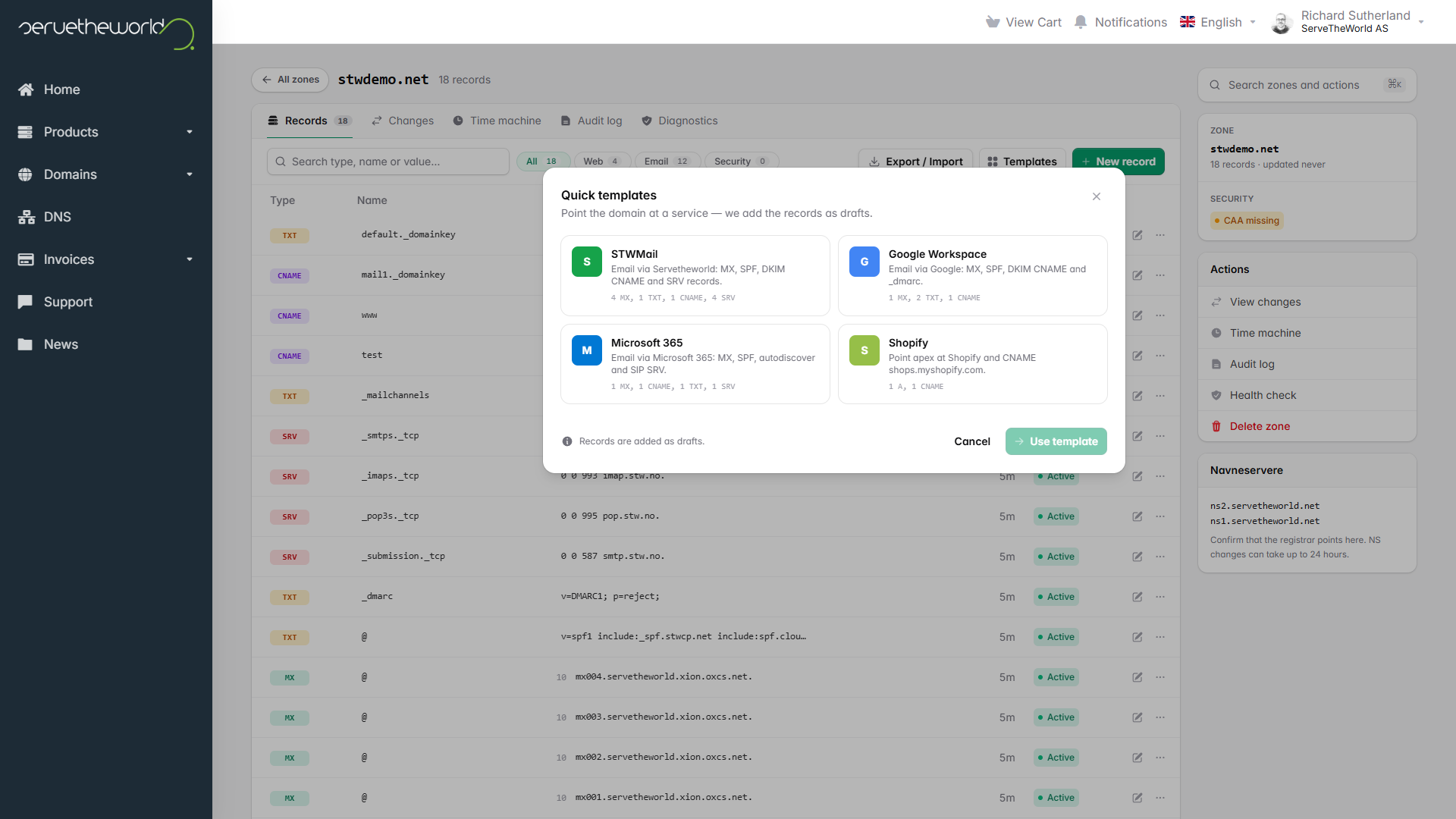 The Templates dialog listing STWMail, Google Workspace, Microsoft 365, and Shopify options